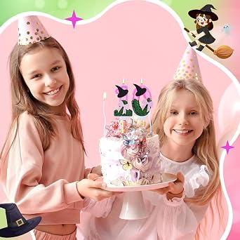 Conelist Witch Princess Theme Candle Pink and Green Party Decorations Witch Hat Bow Birthday Cake Toppers Cupcake Toppers for Party Supplies Wedding Anniversary Decor(10)