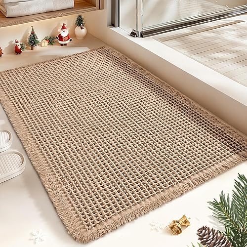 Tapete de baño de lujo con diseño de gofres, superabsorbente, antideslizante, bohemio, ultra suave, cómodo, lavable a máquina, de secado rápido, con
