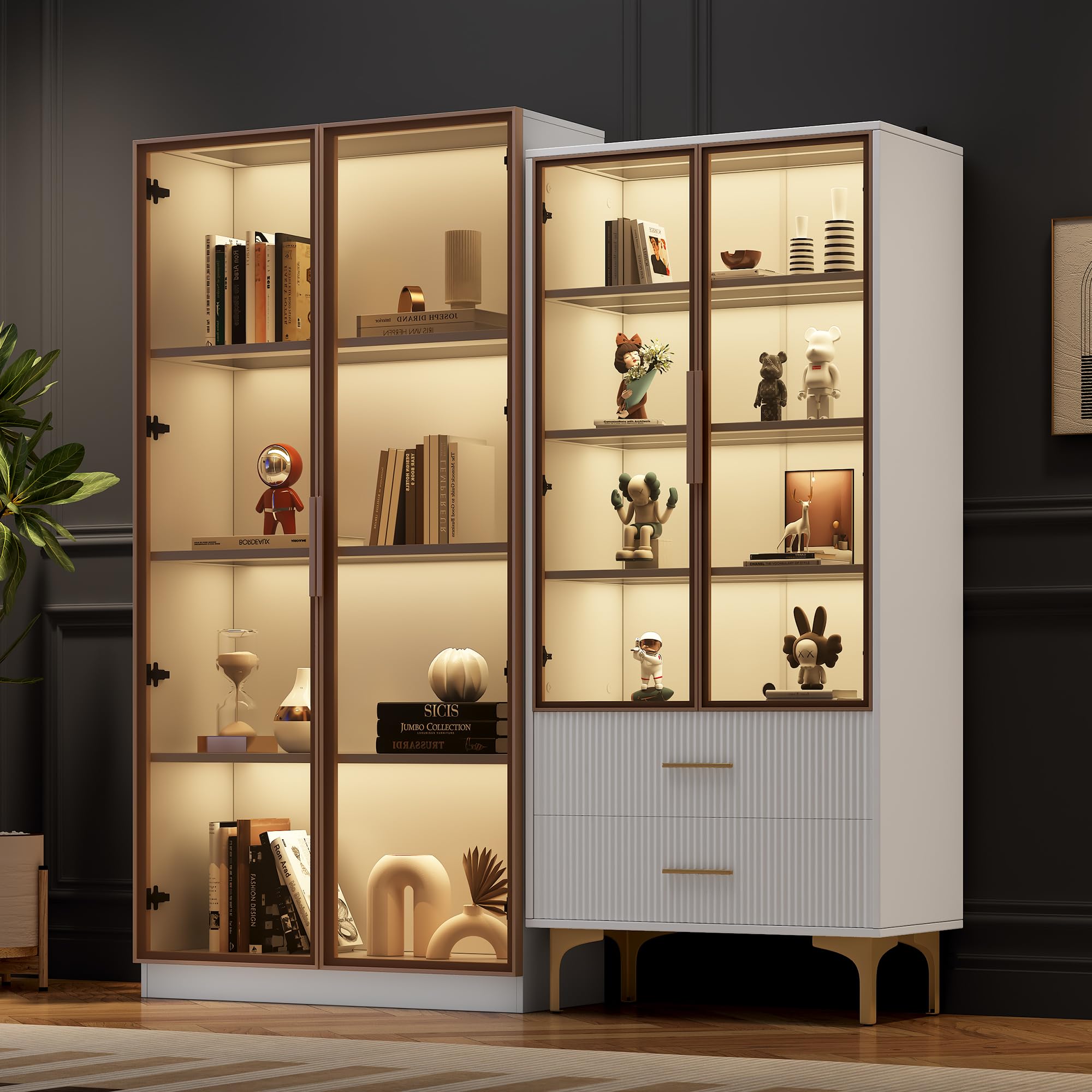 Lot de 2 vitrines en verre avec éclairage LED pour salon, avec portes en verre, panneaux de particules, blanc/platine, 80 x 40 x 160 cm + 70 x 35 x 150 cm