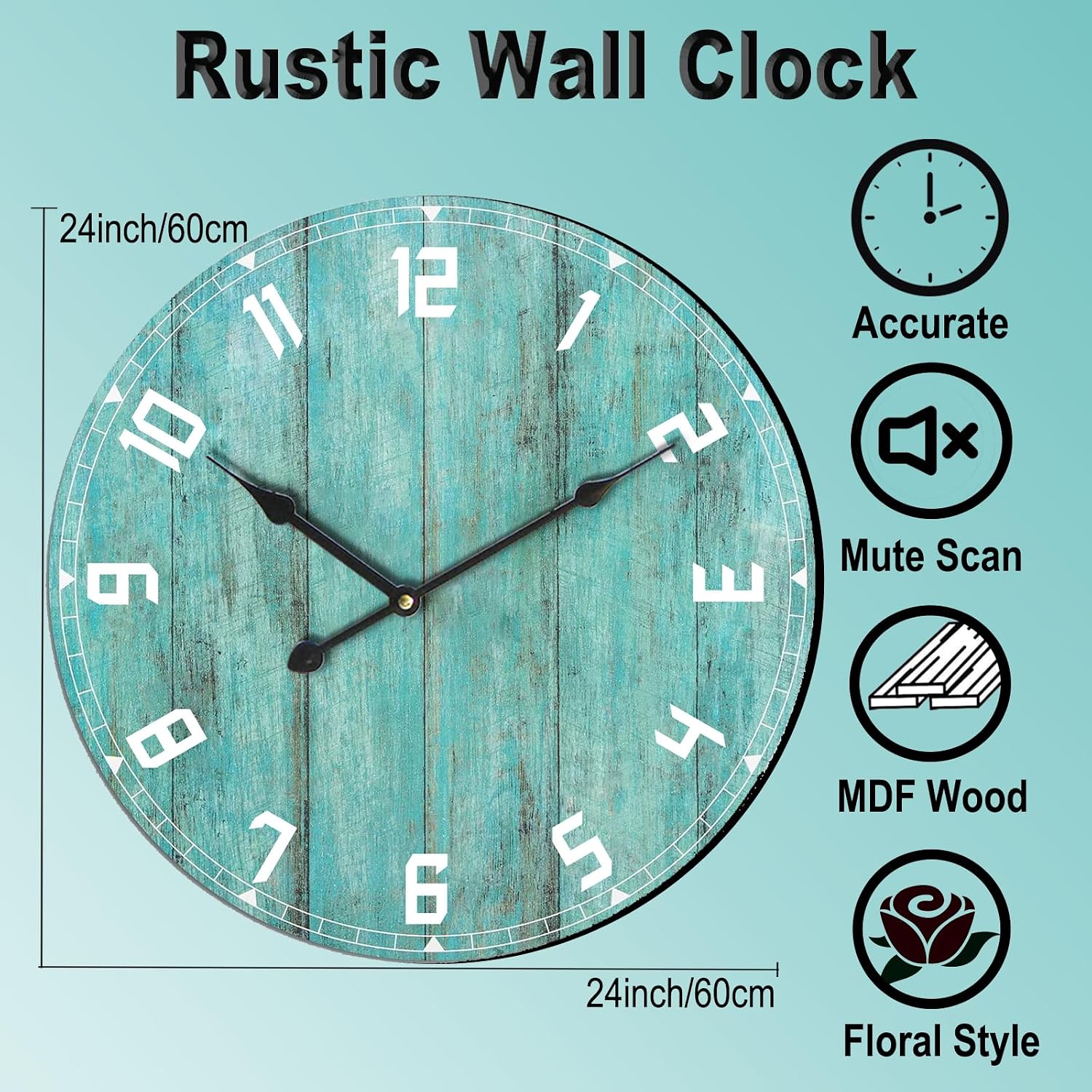 Wall Clock, 24 Inch Teal Wooden Clock Rustic Kitchen Clocks Silent Non-Ticking Clock Vintage Clocks Indoor Wall Clocks Decor Farmhouse Wall Clock Battery Operated for Living Room Office