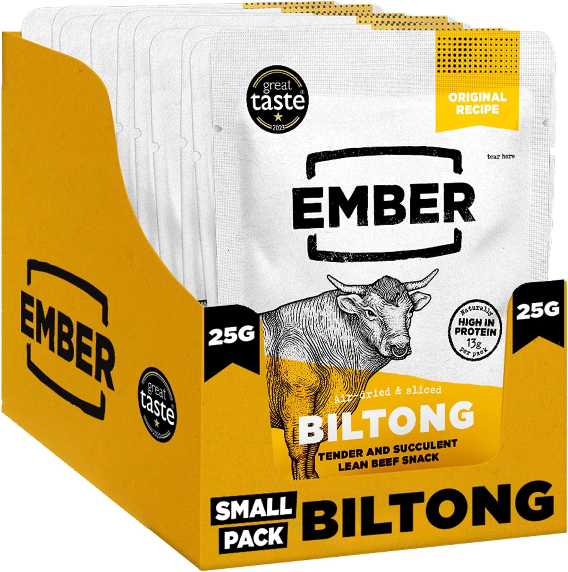 Ember Beef Biltong Original 250g Box - High Protein Meat Jerky Snack - Ready to Eat, Low Fat, No Added Sugar, Keto, No Artificial Colours or Flavours from a Family-Run UK Business