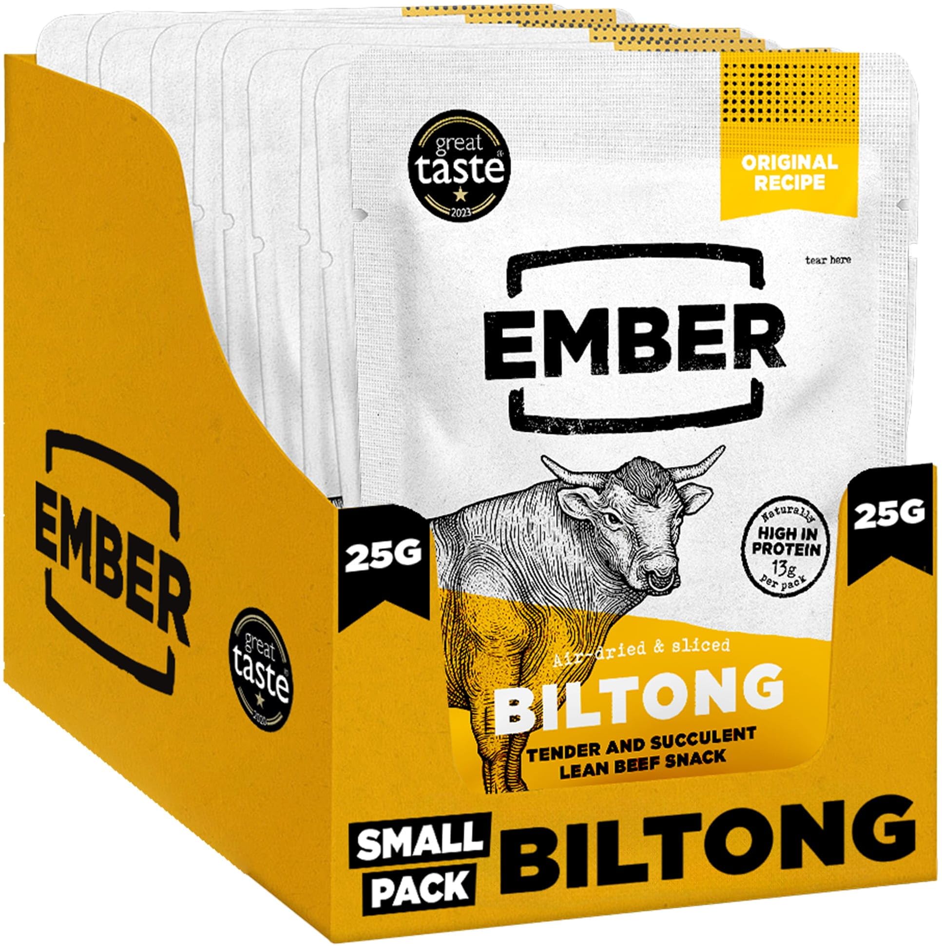 Ember Biltong de Ternera Original 250 g - Carne Seca Beef Jerky Rica en Proteinas - Baja en Grasa, Sin Azúcar Añadido, Keto, Sin Colorantes ni Aromas Artificiales - 10 Sobres Snack de 25 g