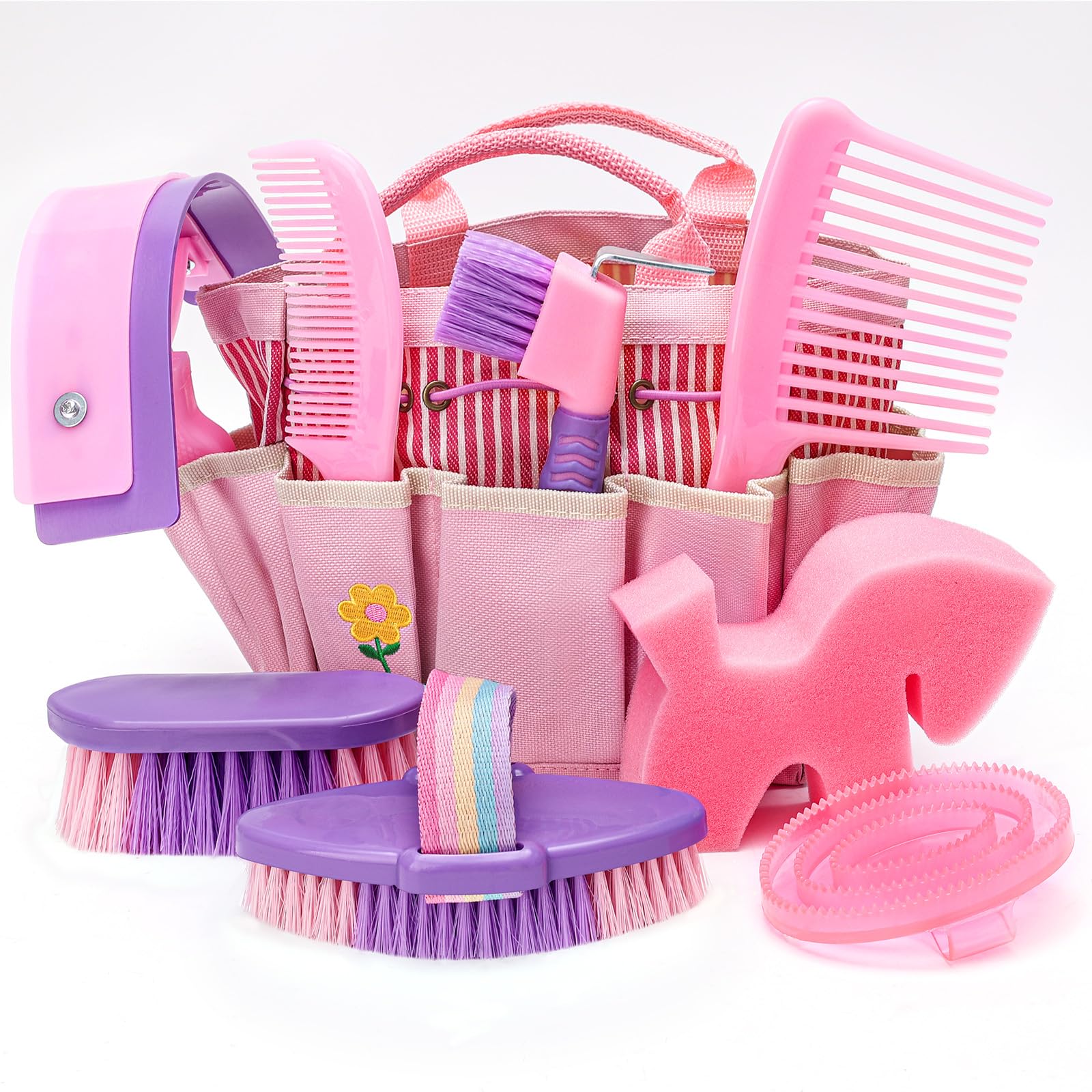 Horse Grooming Kit, 9Pcs Horse-Brush Set with Organizer Tote Bag, Shower Brushes, Braiding Comb, Sweat Scraper, Hoof Pick, Shedding Massaging Tool Supplies for Riders Beginners, Pink