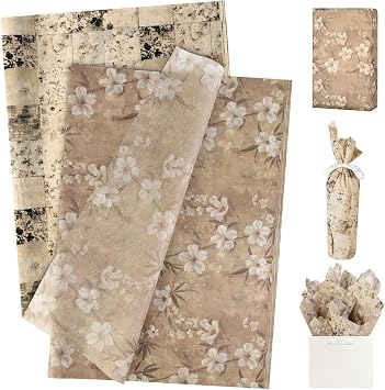 UNIQOOO 100 Sheets Vintage Linen Floral Tissue Paper, Dual-Pattern Gift Wrapping Paper for Wedding, DIY Craft Tissue for Birthday Bridal Shower, 20 x 14 Inch
