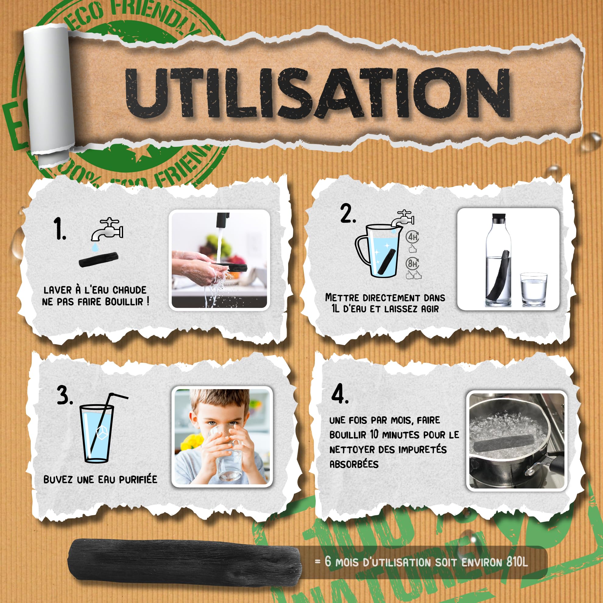 BAYTIZ ® Filtre à Eau Végétal au Charbon Actif - Baton de Binchotan Bio x5 - Purifier l' Eau du Robinet - en Bois Naturel - Carafe Bouteille - Vrai Purificateur Verre Filtrante Écologique Filtres