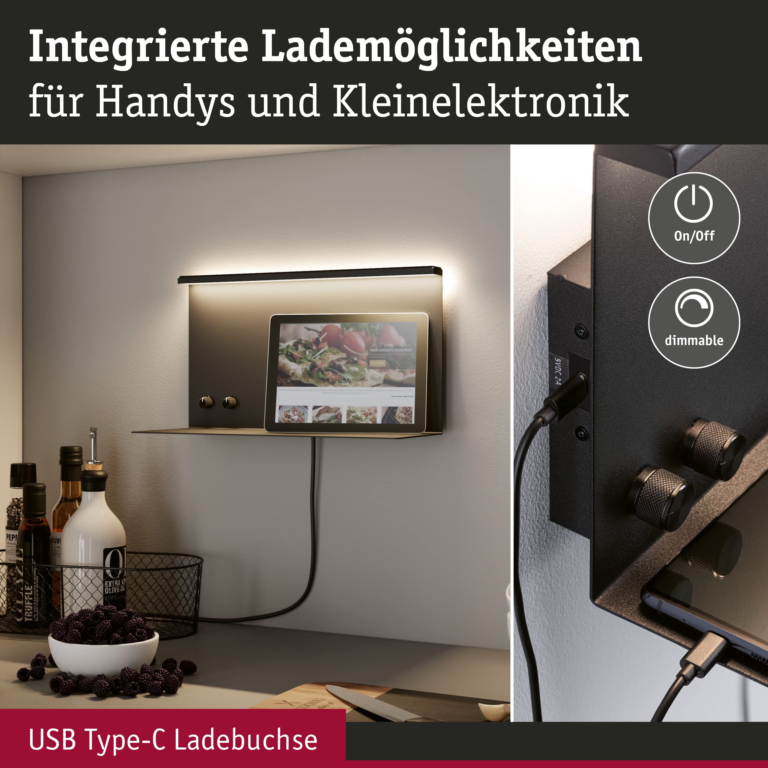 Paulmann 96773 LED Wandleuchte Jarina USB C 4,5 / 1x1,6W 540lm / 200lm dimmbar 350x170mm Schwarz matt Metall 3000K