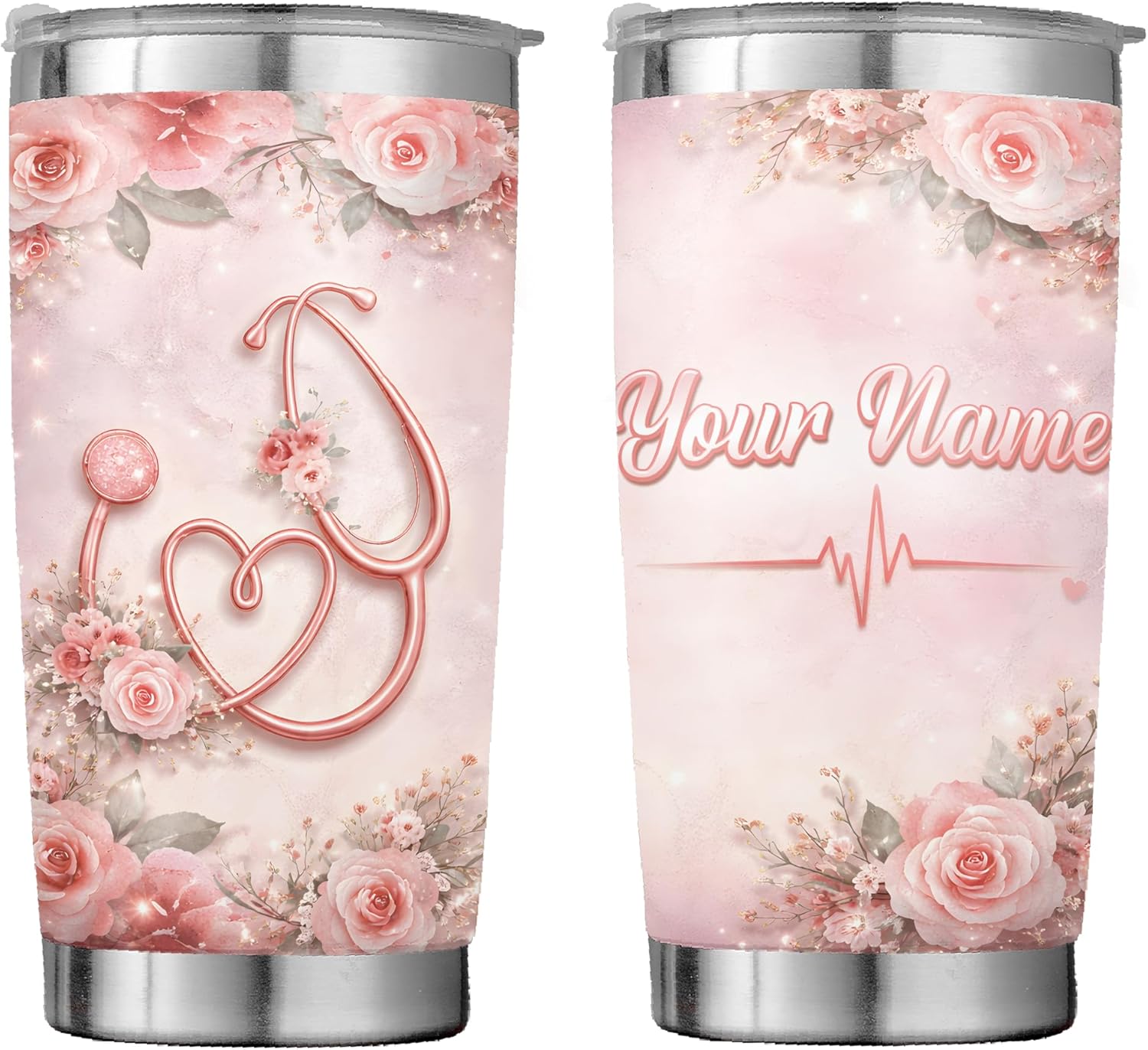Personalized Nurse Tumbler, Blush Pink Nurse Cup with Stethoscope, Stainless Steel Tumblers 20oz Custom Name Coffee Travel Mug