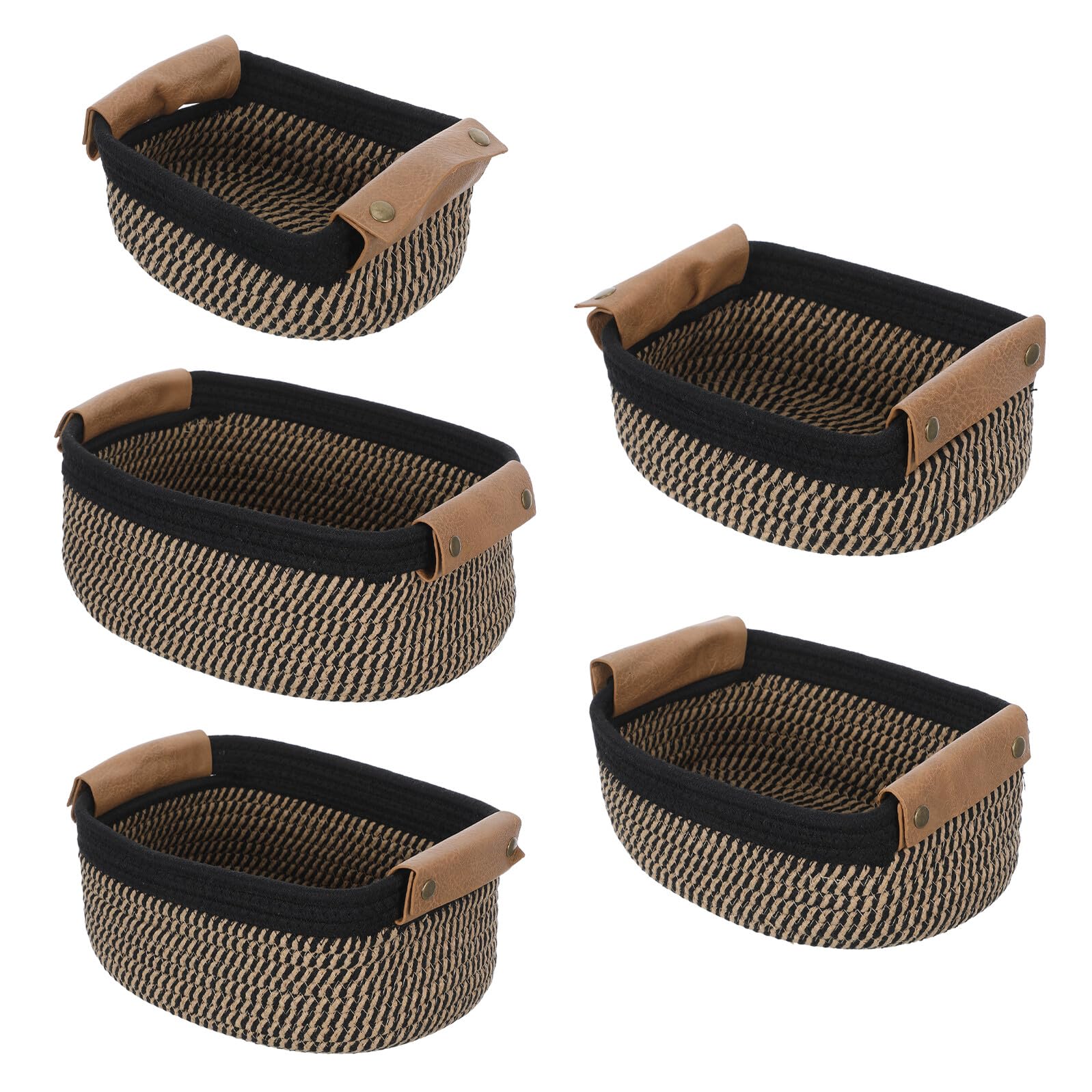 PLAFOPE 5 Szt. Cotton Rope Woven Storage Baskets Set with PU Handles Small Decorative Woven Bins for Nursery Shelf Bathroom Essentials And Toy Organization