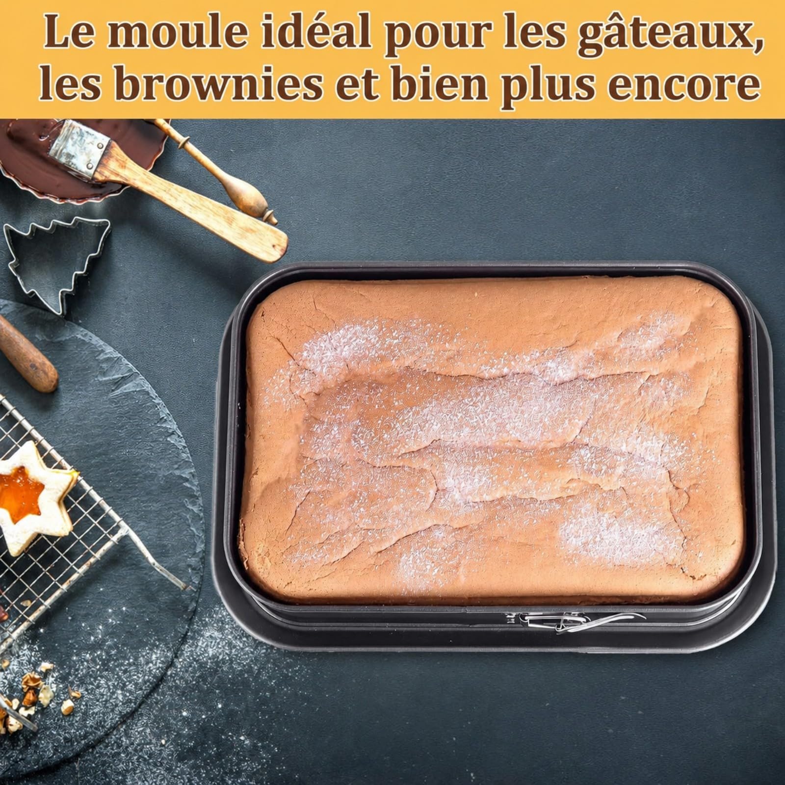 Juego de 2 moldes con bisagras rectangulares antiadherentes, molde para tarta de queso 36 x 24 cm, molde para tartas con fondo extraíble, impermeable, ideal para tiramisú, hielo, pastelería para casa