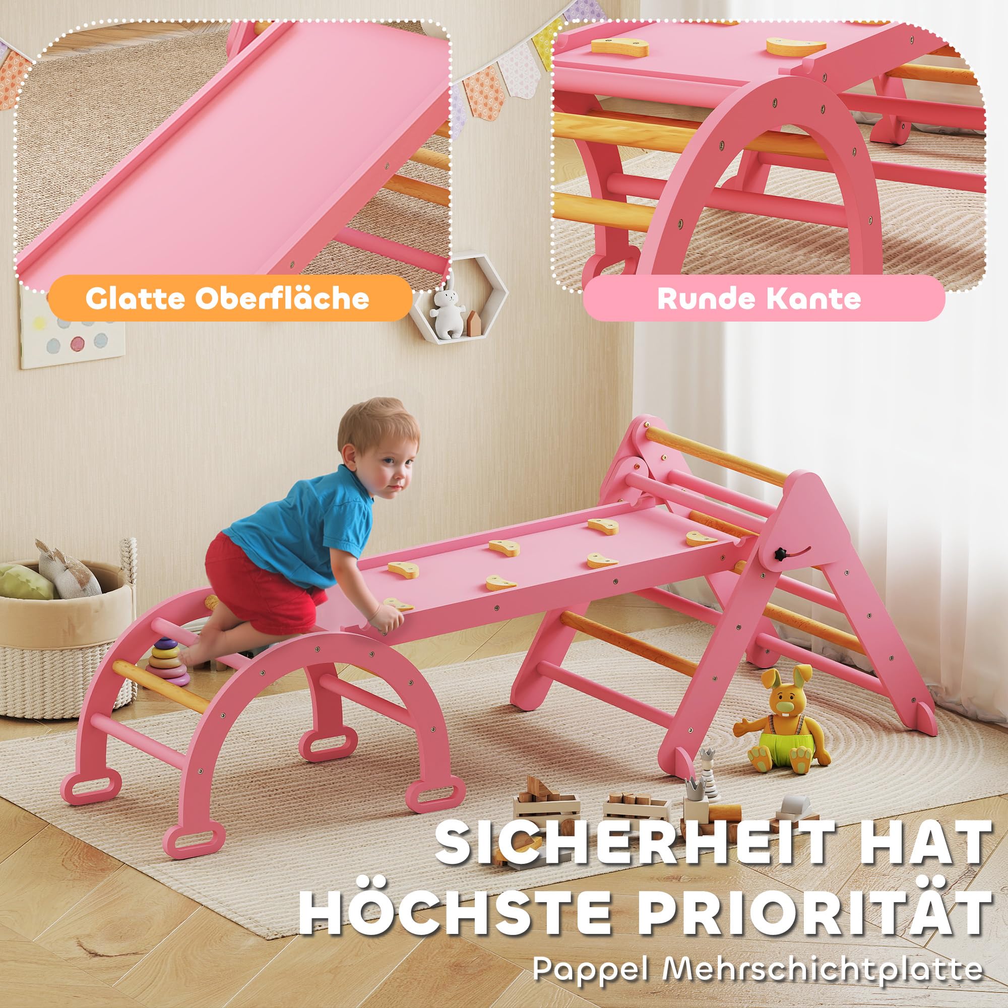 AIYAPLAY 7-in-1 Montessori Klettergerüst Indoor, faltbar Holz Kletterdreieck mit Rutsche, Bogen, Indoor Spielplatz für Kinder von 1,5-4 Jahre, Rosa