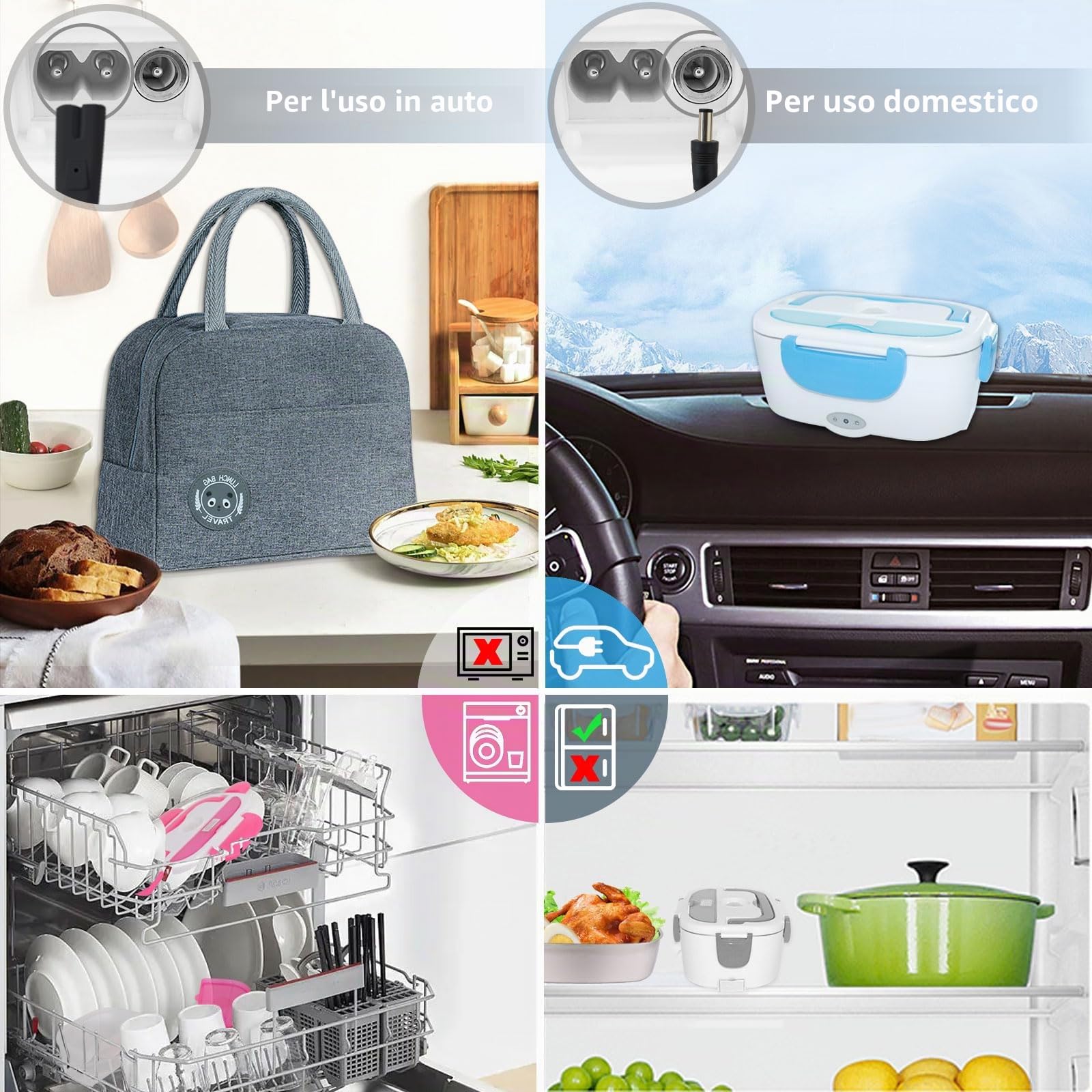 Poligono Scaldavivande Elettrico Portatile con Borsa Termica, Lunch Box 1.5L Portavivande Termico Elettronico Portatile in Acciaio Inox, Porta Pranzo da Ufficio e Auto(55W 220V), Grigio