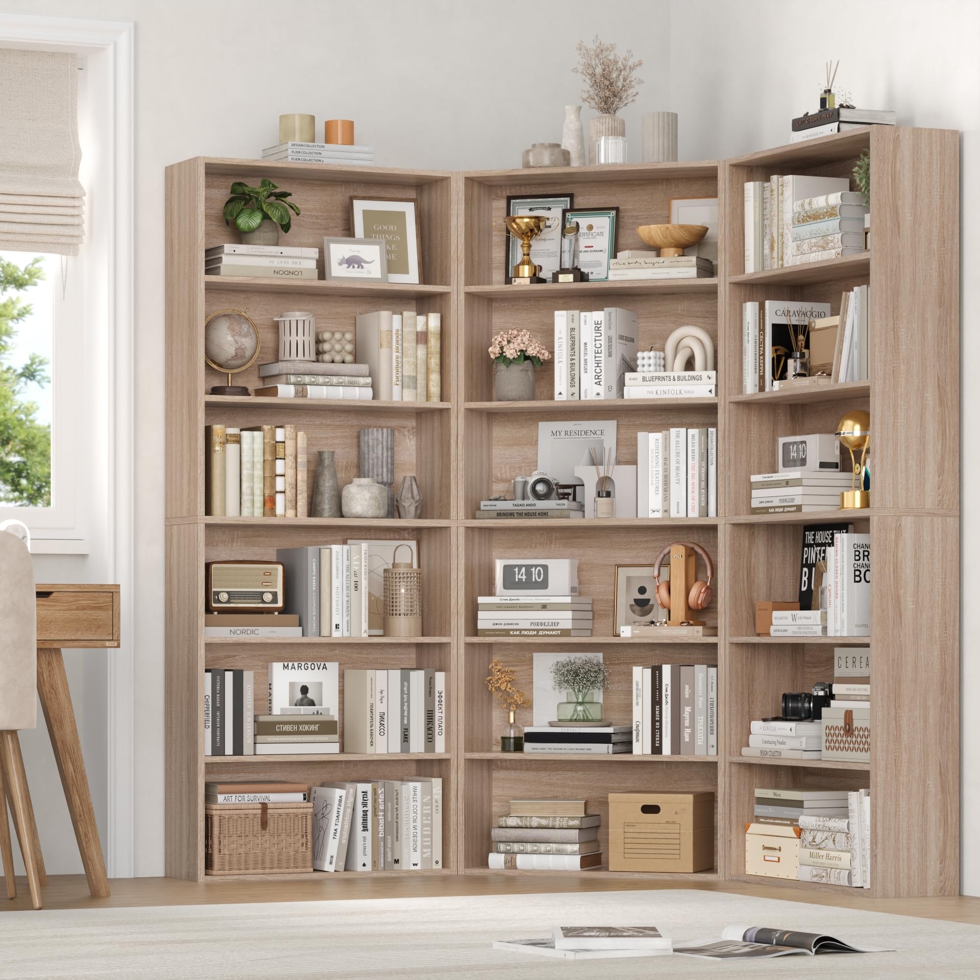 FirFurd Bibliothèque Étagère à 6 Niveaux Haut Meuble de Rangement Chêne | 180x60x23,5cm, Bibliotheque étagères de Rangement ouverte, Colonne, Bibliothèques pour salon bureau chambre,appart,coins