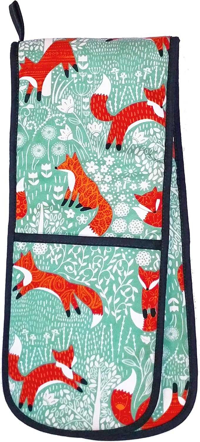 Ulster Weavers Double Oven Glove - Heat Resistant, 100% Cotton & Polyester, Machine Washable - Perfect for Cooking, Baking and Serving, Animal Theme, Foraging Fox, Blue