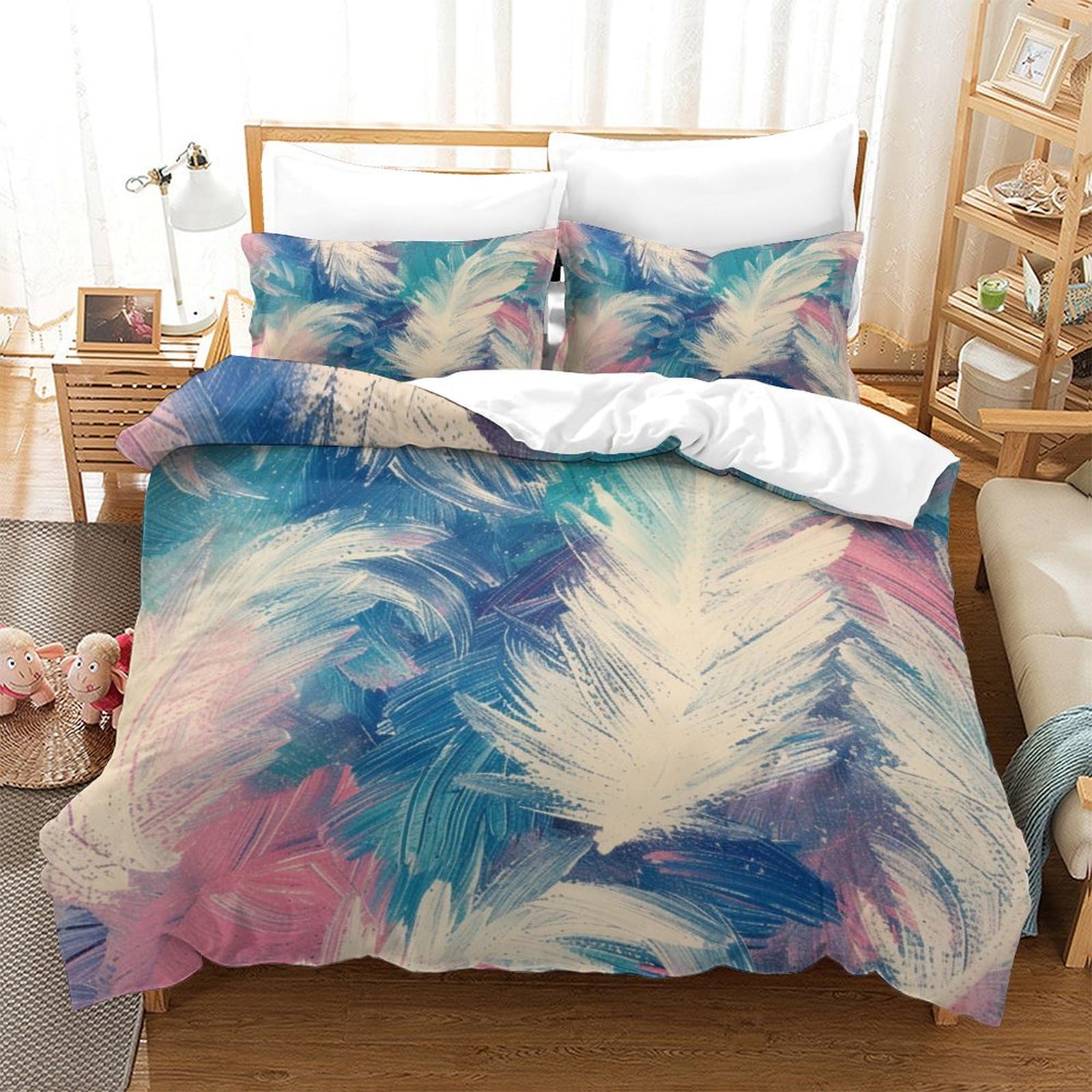P1S9U7W5Y Modern Feather 3D Printed Duvet Cover Set 3pcs Microfiber Artistic Feather Bedding Set Super king（260x220cm）