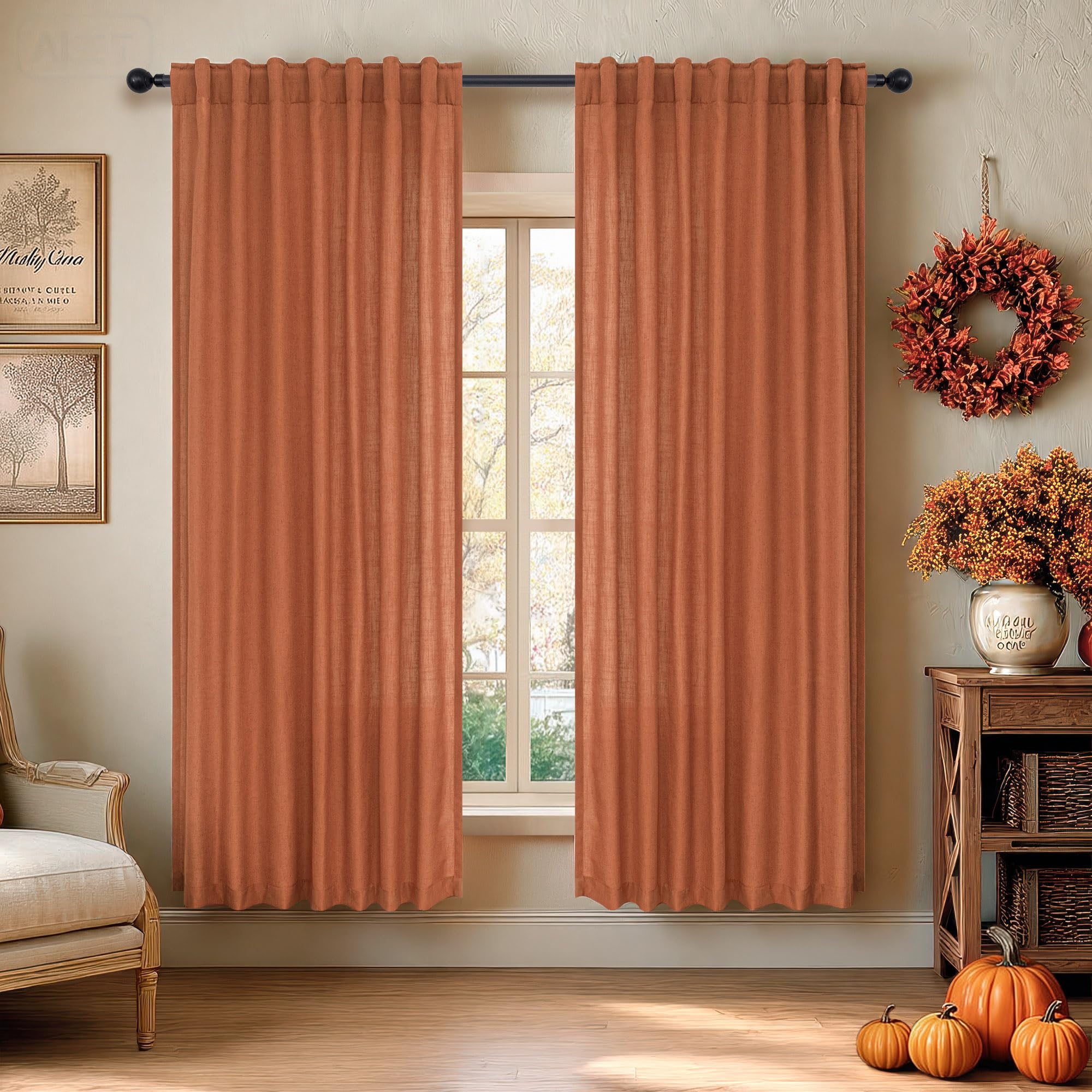 Dusty Burnt Orange Curtains 63 Inch Length for Living Room 2 Panels Set Back Tab Rod Pocket Lightweight Linen Mid Century Modern 70s Curtains for