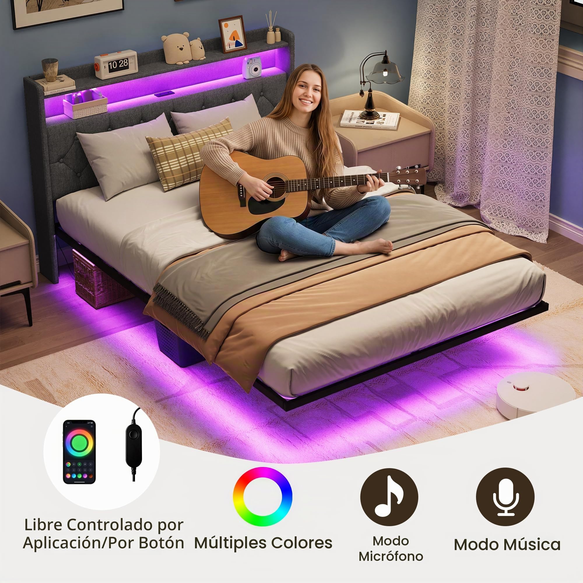 Xbro Cama 140x200 cm con Flotante，Cama Tapizada con Iluminación LED y Estación de Carga (USB/Enchufe), Cabecero Acolchado con Espacio de Almacenamiento, Somier, Gris Oscuro(Sin Colchón)