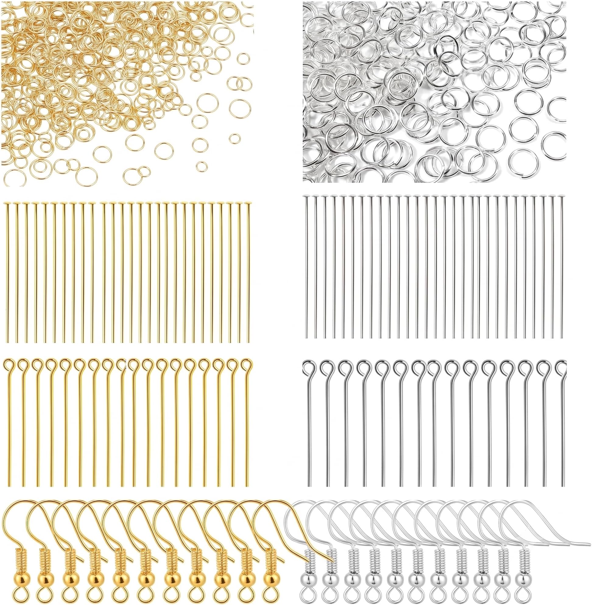 Dhruv Crafts 200 Pcs Jewellery Making Kit โ Jump Rings, Head Pins, Eye Pins & Earring Hooks (Gold & Silver) for DIY Necklace, Bracelet & Craft Making