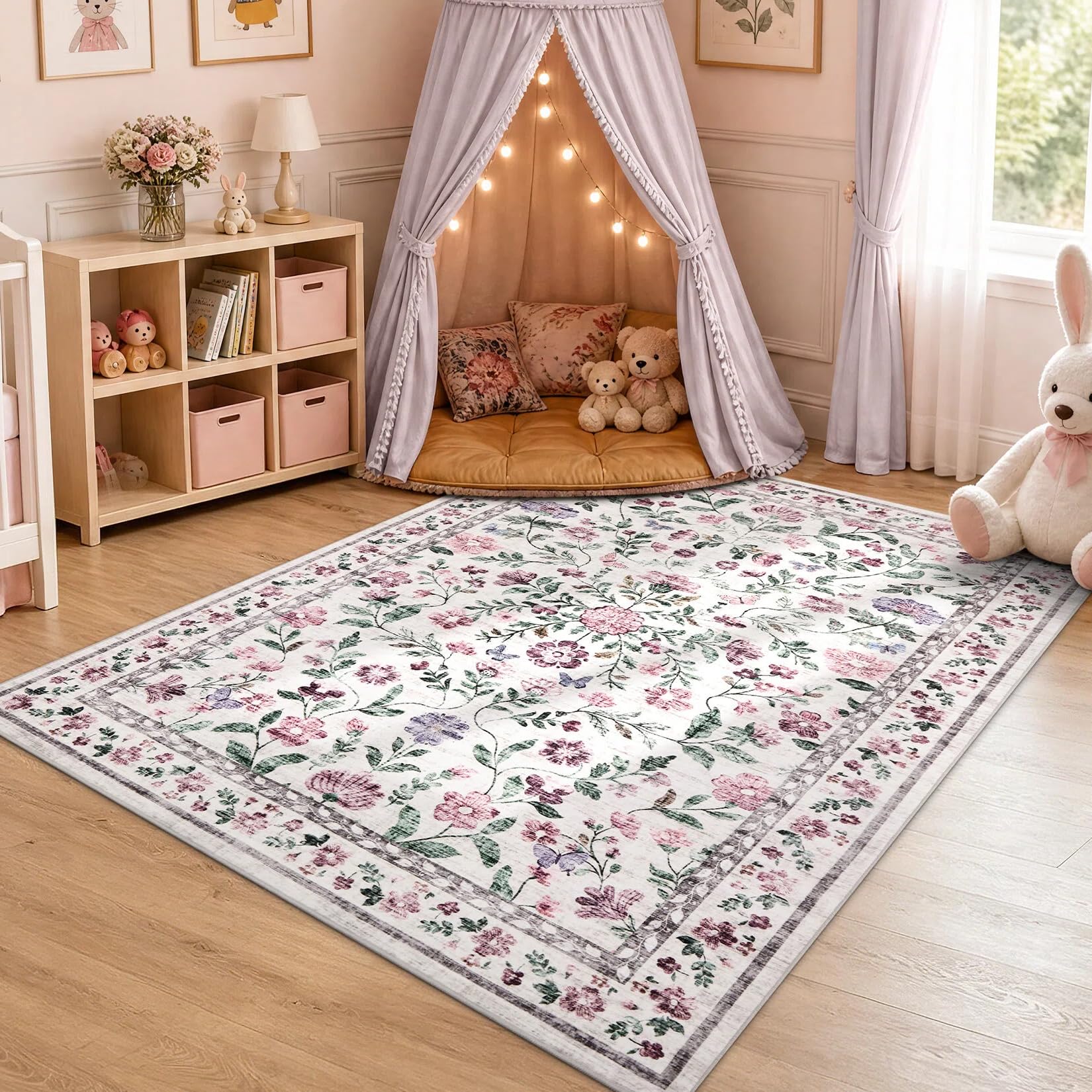 CAROMIO Washable Flower Area Rug 80x150 cm Low Pile Non-Slip Nursery Purple