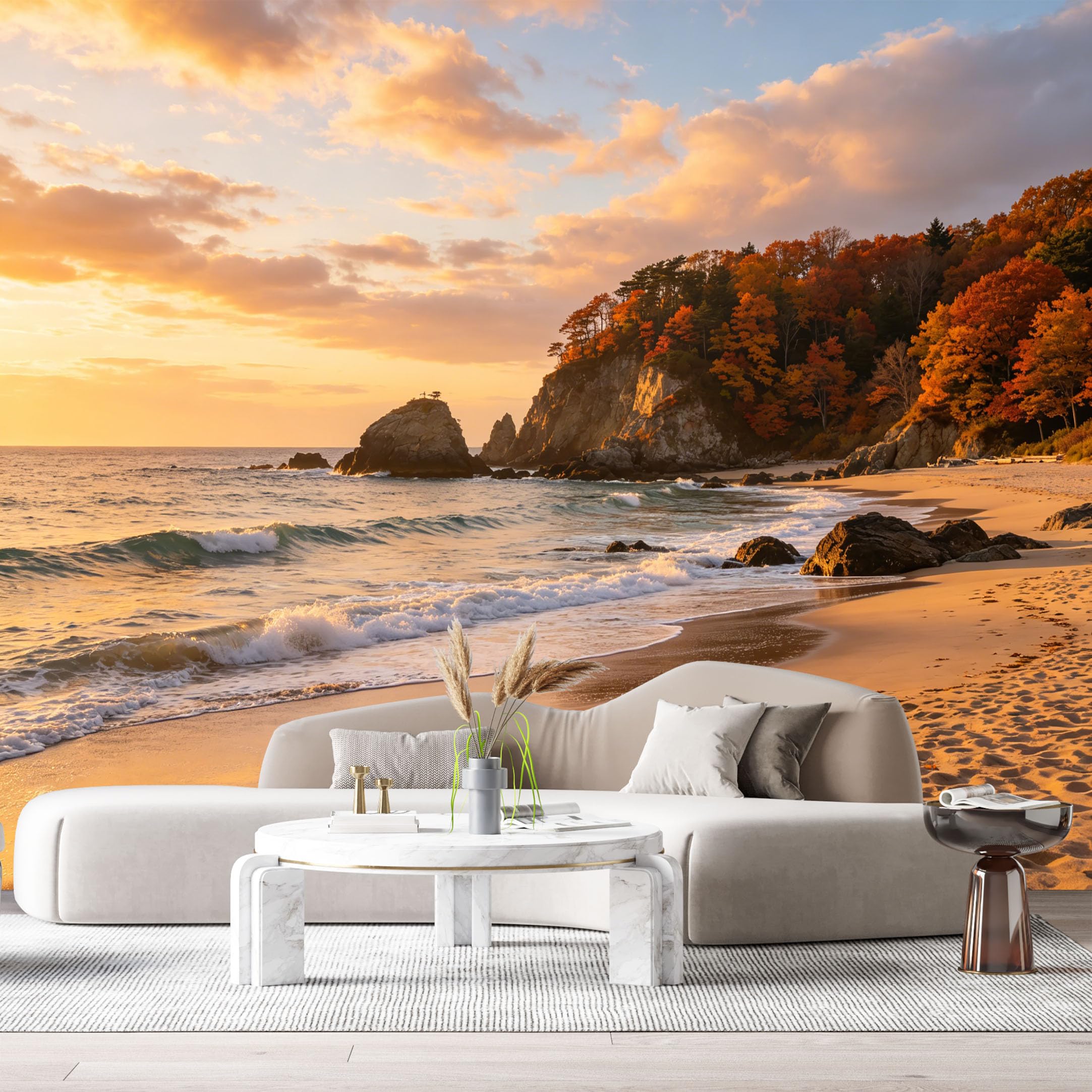 Custom Size Wall Murals Sunset Beach Coastal Landscape Oil Painting Rocks Seascape SelfAdhesive Wall Fabric Removable Large Wallpaper for Photo Living Room