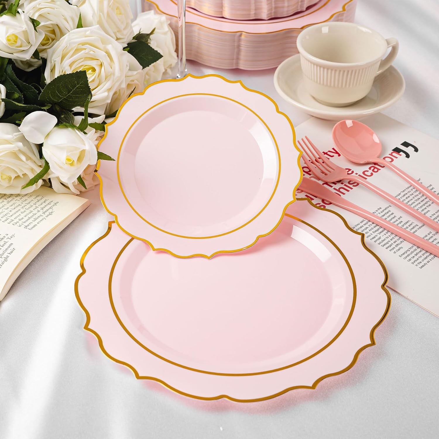 120PCS Pink Plastic Plates, Disposable Elegant Party Plate with Gold Rim, Heavy Duty 60 Dinner and 60 Dessert Fancy Plates for Party and Wedding - Image 7