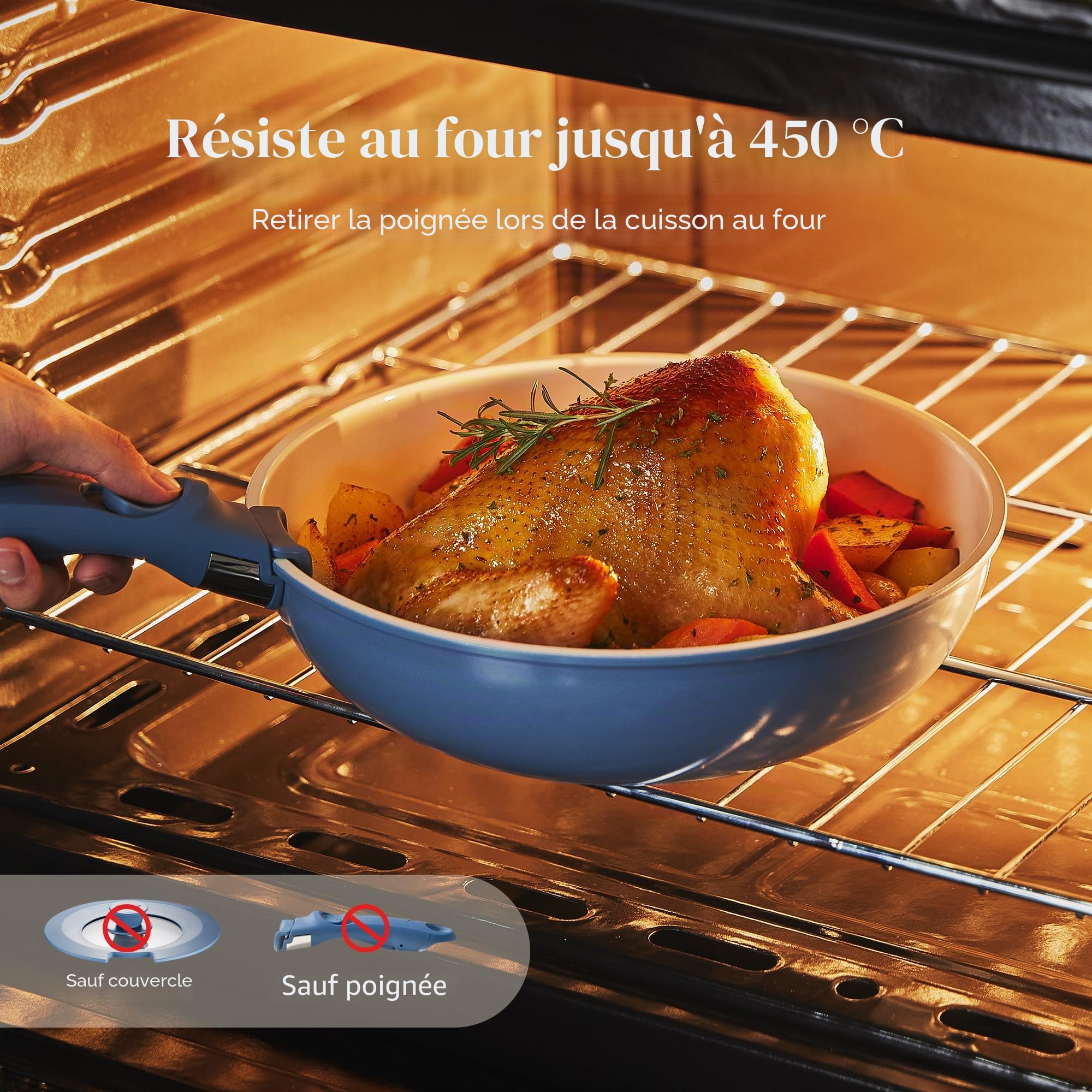 Redchef Ensemble de casseroles et poêles antiadhésives en céramique 16 pièces avec poignée amovible, batterie de cuisine non toxique, sans PFAS PFOA et PTFE, pour camping, passe au lave-vaisselle et