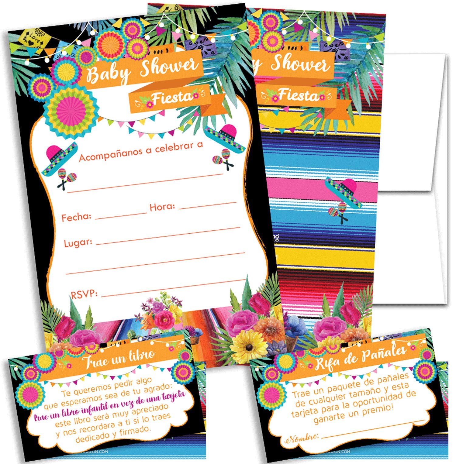 Fiesta Floral - Baby Shower Fiesta Invitations Girl with Envelopes and Diaper Raffle Tickets. Set of 25 Fiesta Fill In The Blank Style Invites with Envelopes - Fiesta Baby Shower Invitations Girl Boy