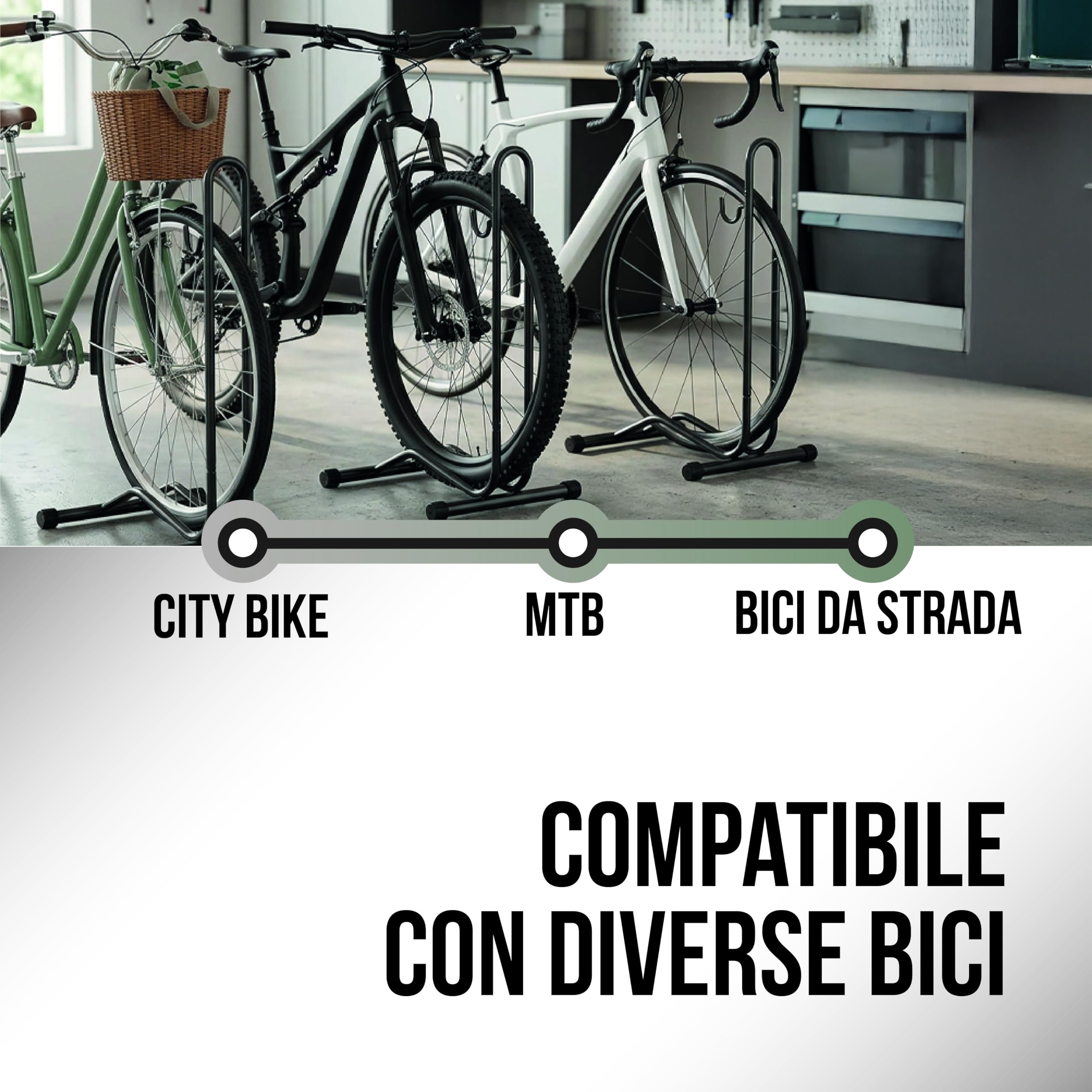 Supporto Bicicletta Autoportante Verticale – Cavalletto Salvaspazio per Bici da Strada, Mountain Bike e Bambini – Parcheggio a Pavimento per Uso Interno ed Esterno, Stabile e Regolabile in Acciaio