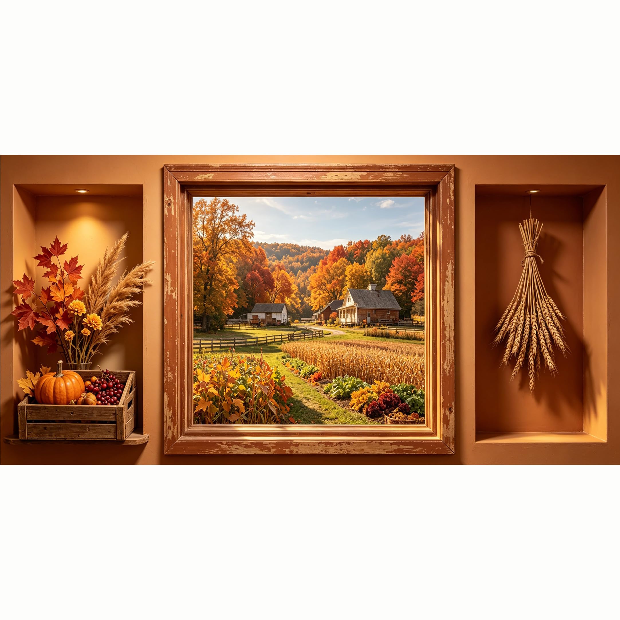 QZLITHOTIC 50x100cm 3D Framed Wall Art， Fall Harvest Farmhouse Landscape Oil Painting SelfAdhesive Mural， WaterActivated Peel & Stick Fabric Decor Wall Decal for Bedroom Living Room