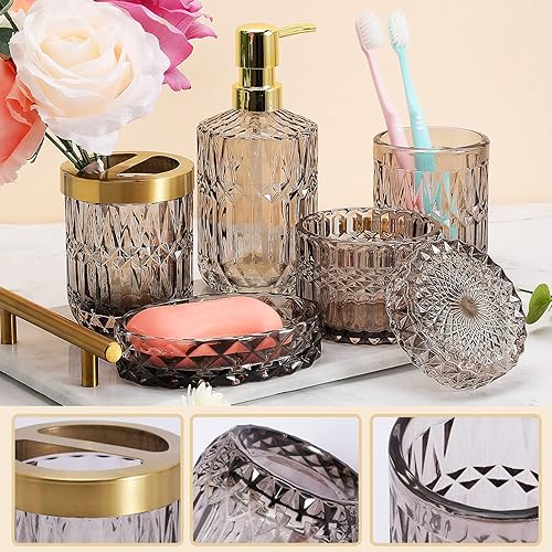 Miniatura 3 de Juego completo de 5 accesorios de baño de vidrio, dispensador de loción, jabonera, soporte para cepillos de dientes, vaso, frascos de hisopos de