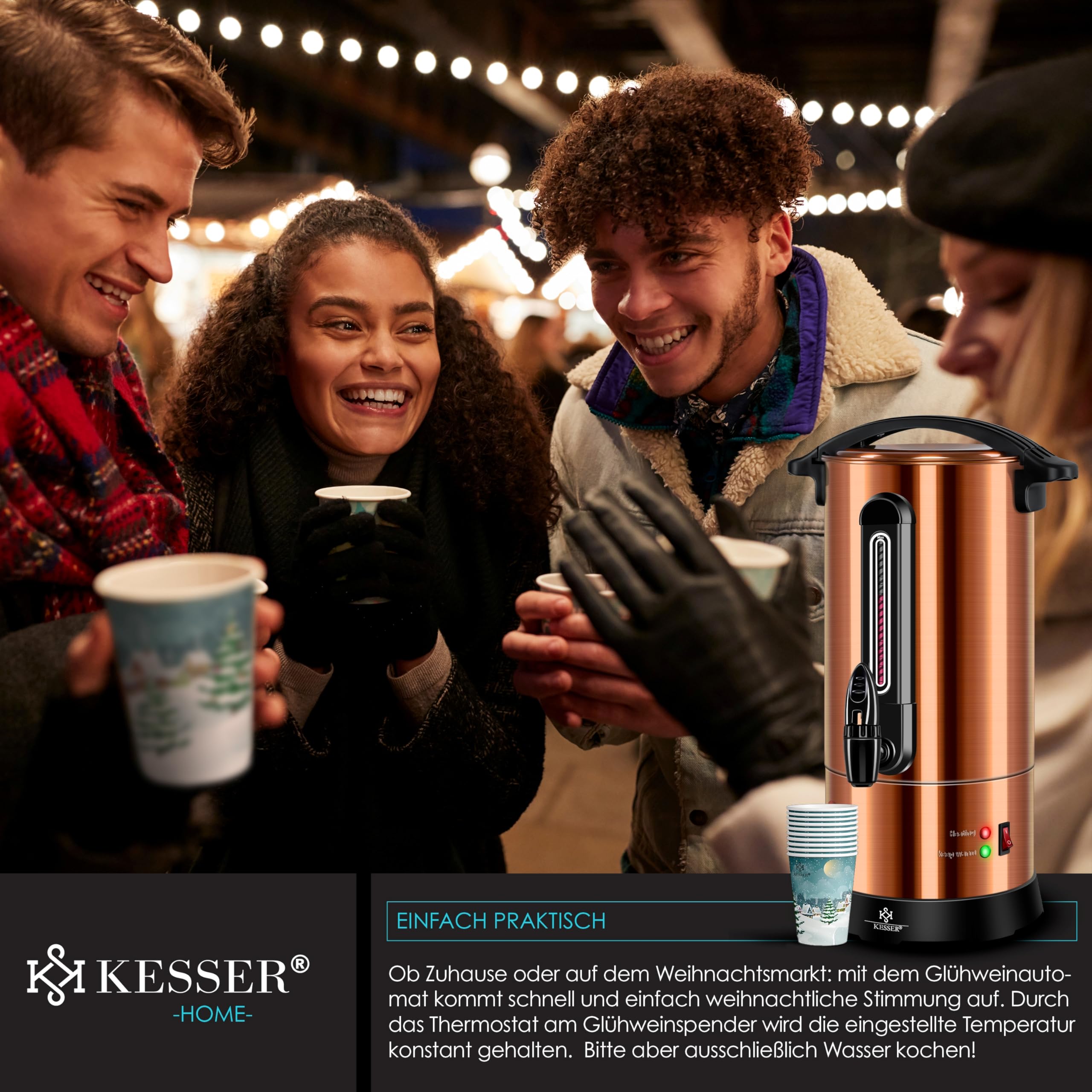 KESSER® Glühweinkessel 6,8/10/20/30L Edelstahl Inkl. Becher, Glühweinkocher mit Thermostat Glühweinautomat Heißgetränkeautomat Wasserkocher Heißwasserspender Einkochautomat Füllstandanzeige Zapfhahn