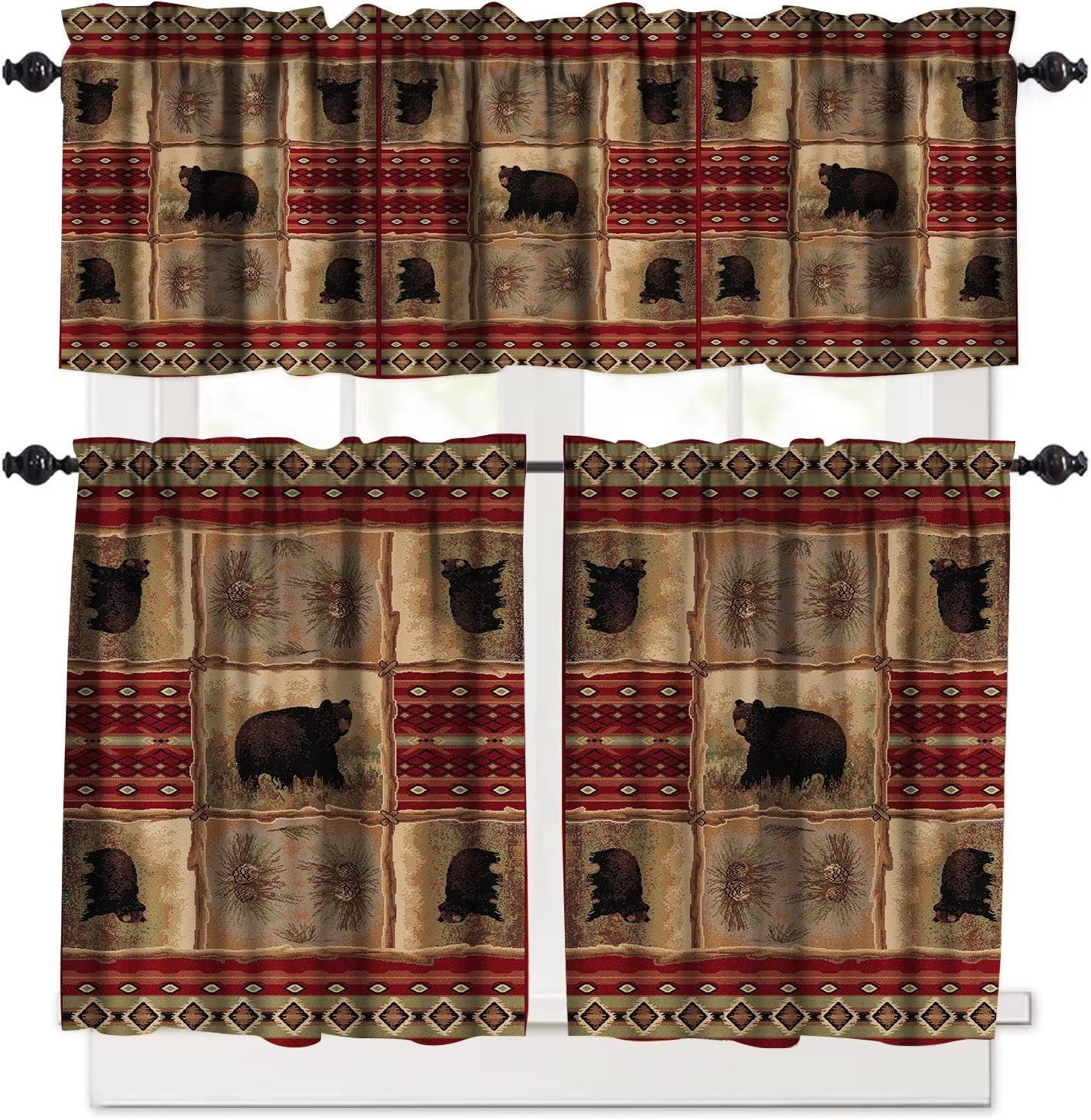 SXXLDNG Bear Kitchen Curtain Tiers and Valance Curtain Sets Vintage Cottages Animal Deer Moose Bear Country Decorative Cafe Curtains Set for Kitchen