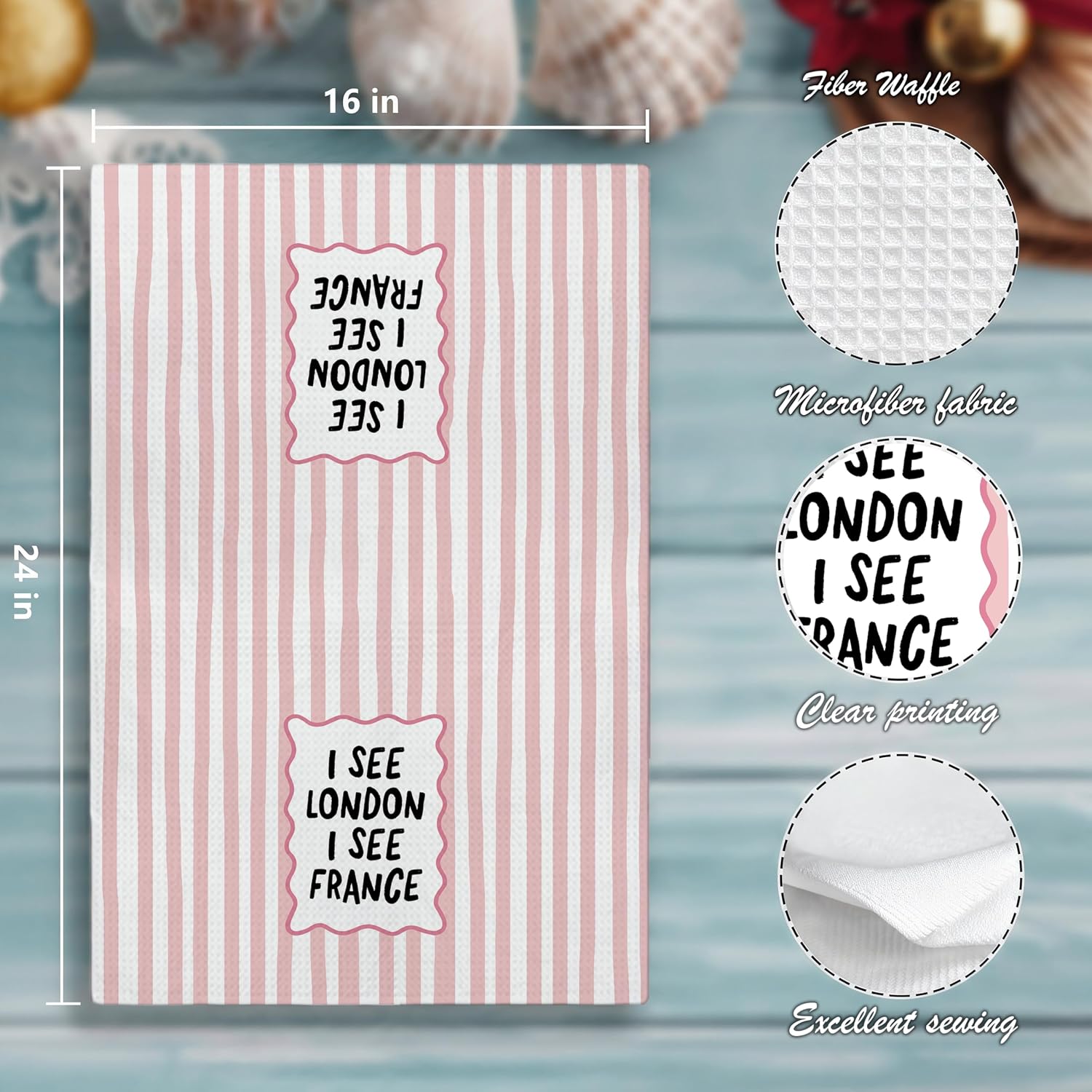 Funny Pink Striped Bathroom Hand Towels, Pink Bathroom Decor，I See London I See France Decorative Hand Towels Striped for Bathroom Washroom Restroom, 16x24 inch image 2