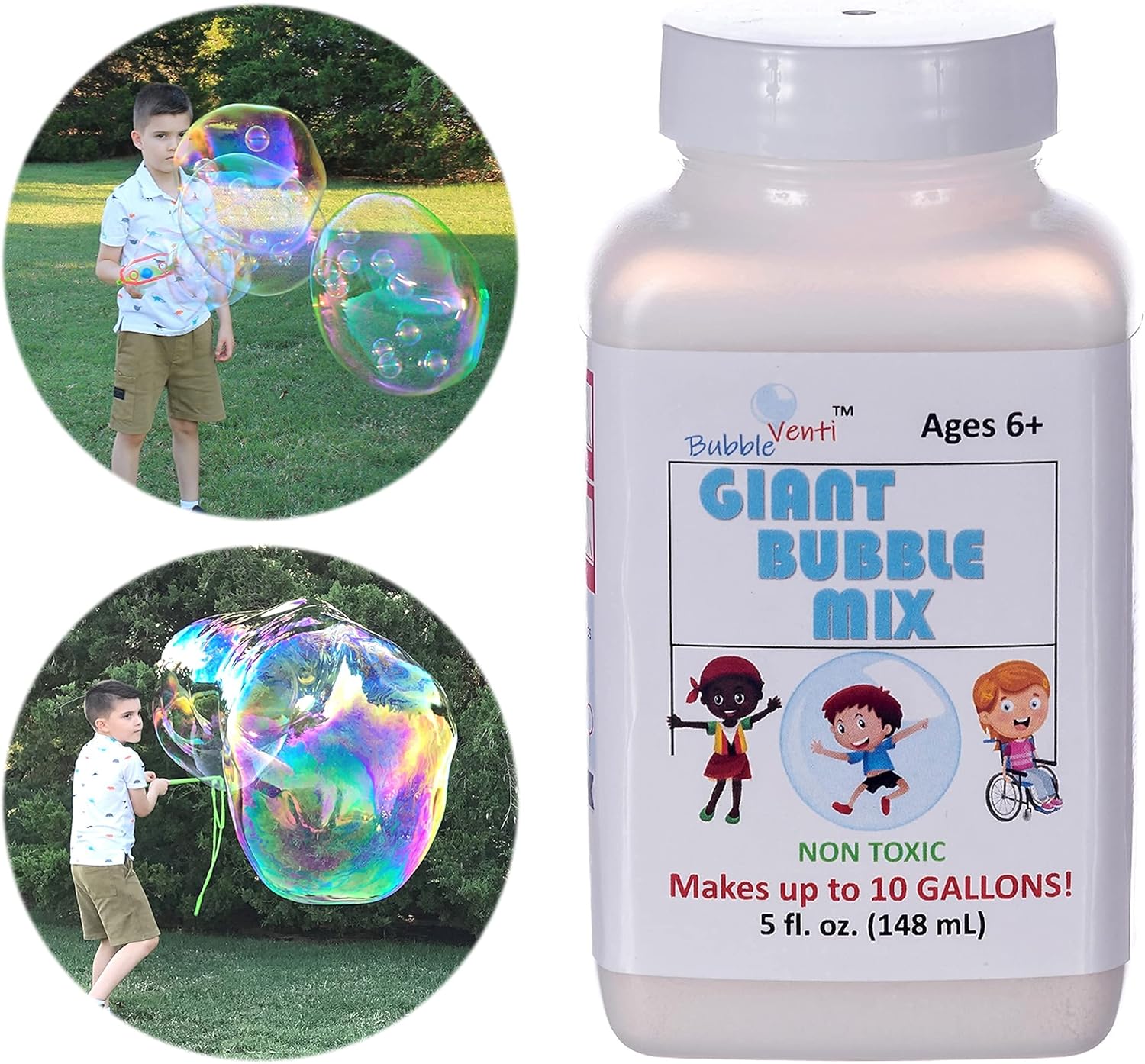 Bubbleventi Giant Bubble Mix | Made in USA |100% Vegan Non-Toxic Powder Makes 10 Gallons of Premium, Big Bubble Solution for Kids’ STEM Fun | Use in Bubble Wands + Machines