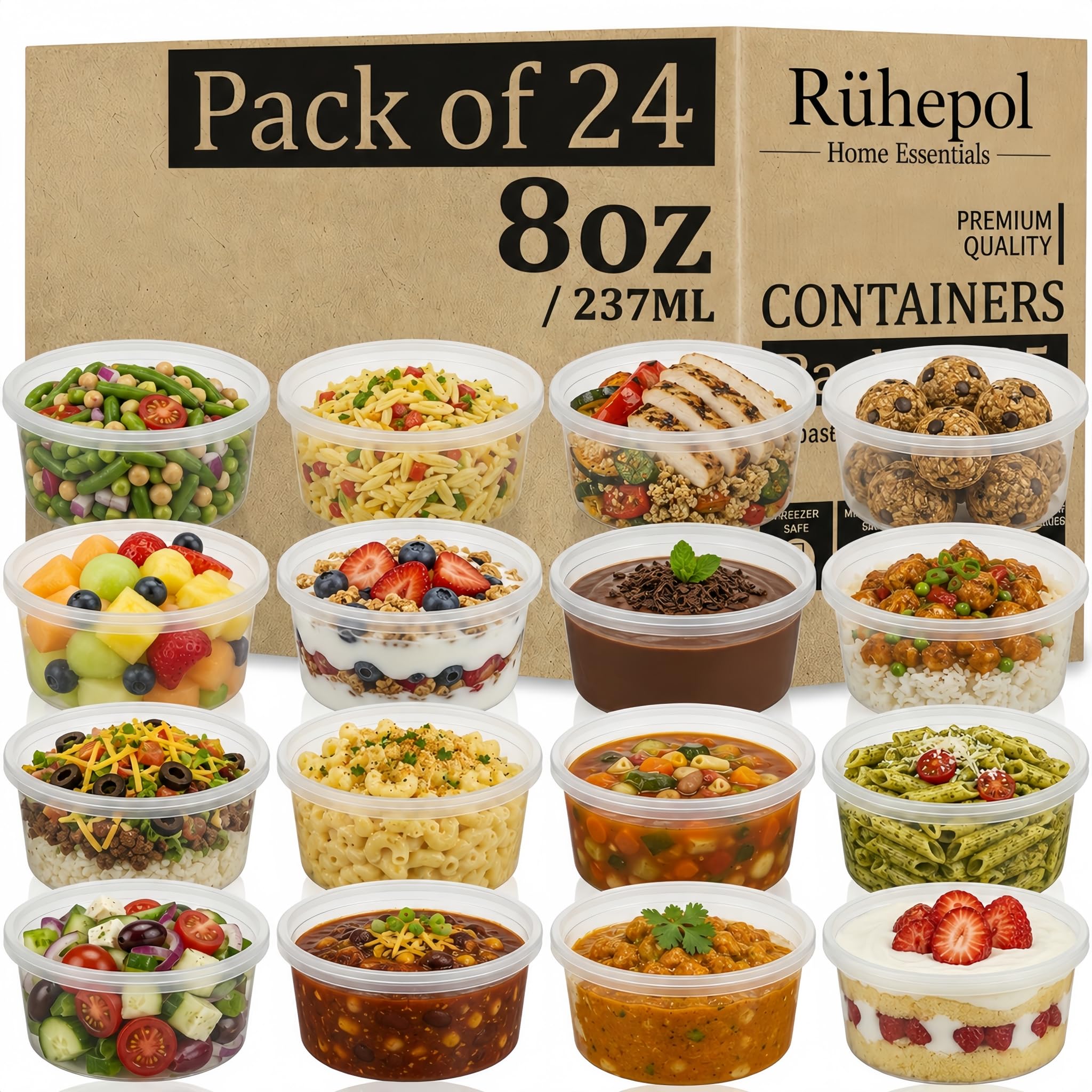 24 Pack 8oz Soup Containers with Lids, BPA Free Plastic Food Storage Containers, Leakproof Reusable Deli Pots, Small Meal Prep Tubs, Freezer Dishwasher Safe, Stackable Sauce & Takeaway Containers