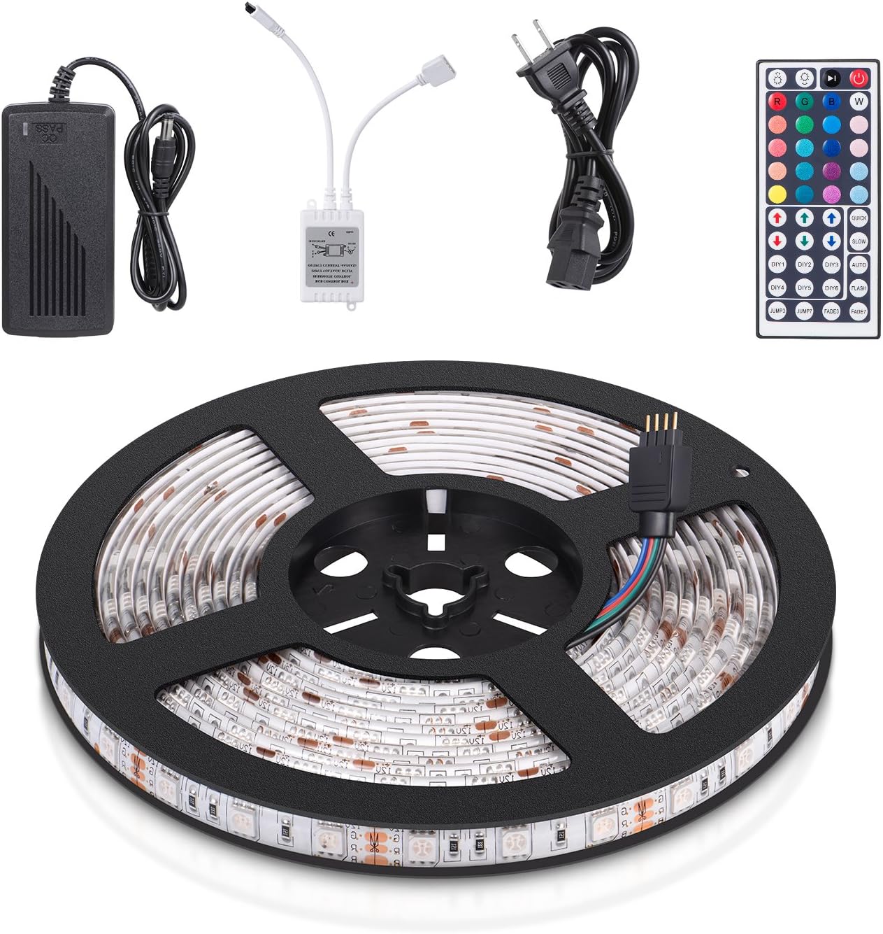 Homaz Multicolored LED Strip Kit Flexible LED Strip Waterproof Full Color Changing Strip Light 16.4ft 5Meter / Reel 300X RGB SMD5050 Lamps with 44 Key IR Remote and 12V 5A 60W Power Supply