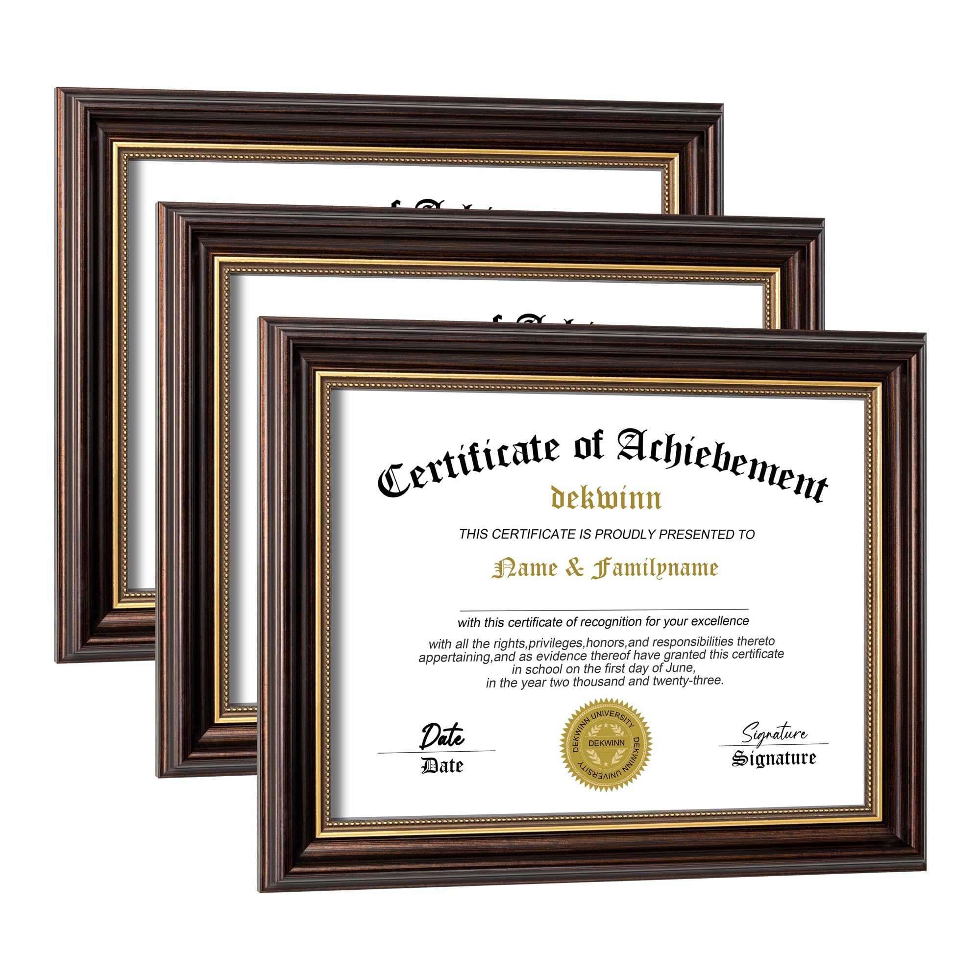 8.5x11 Diploma Frames Certificate Document Frame Set of 3 Reddish Brown/Gold Trim with Real Glass for Wall Gallery or Tabletop display, Without Mat