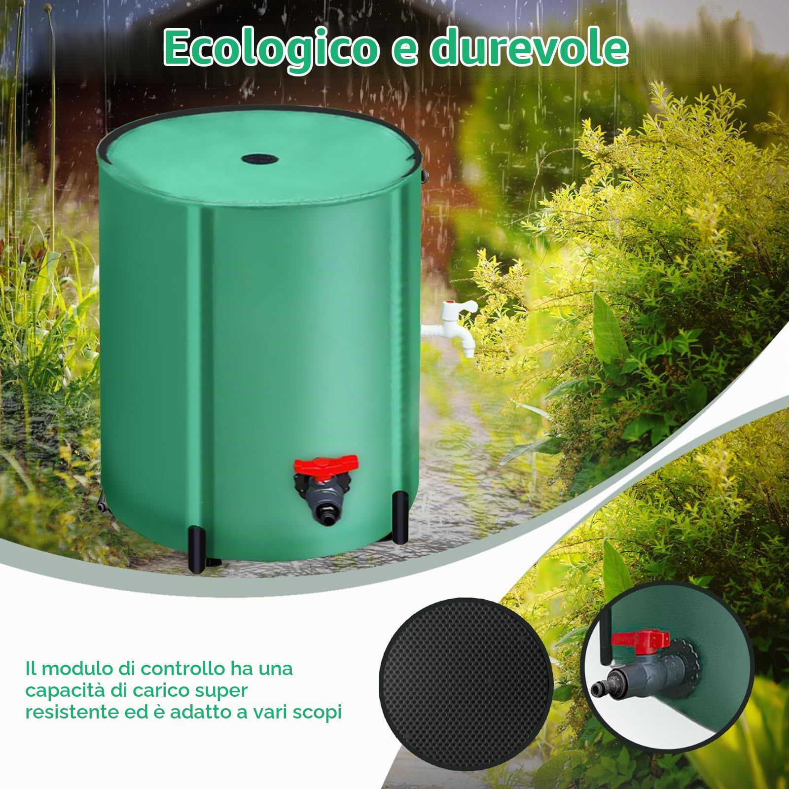 Secchio per L'acqua Piovana, 200L Serbatoio Cisterna Raccolta Acqua Pieghevole Serbatoio Acqua Verde per Giardino con Scarico Dell'acqua Filtro a Rete 2 Rubinetti e Protezione Antitrabocco