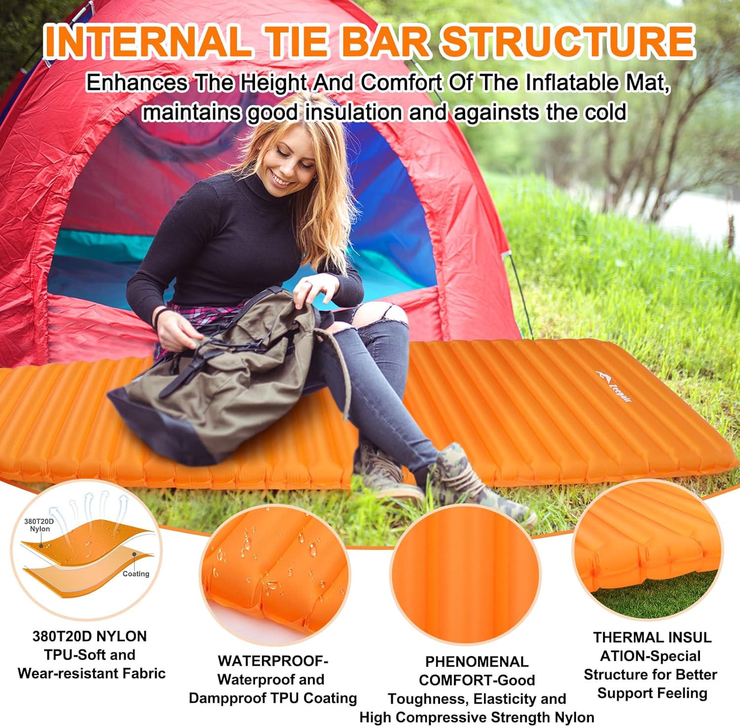 Camping Sleeping Pad, Ultralight Waterproof Inflatable Sleeping Mat with Inflation Bag, Lightweight Portable Compact Air Mattress for Outdoor Backpacking Hiking Traveling Tent Use (Single, Orange)