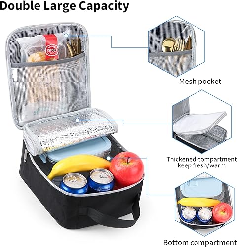 Miniatura 5 de XQXA Bolsa de almuerzo aislada  Lonchera reutilizable gruesa térmica, suave, a prueba de fugas, para adultos, oficina, viajes, picnic (Negro-L)