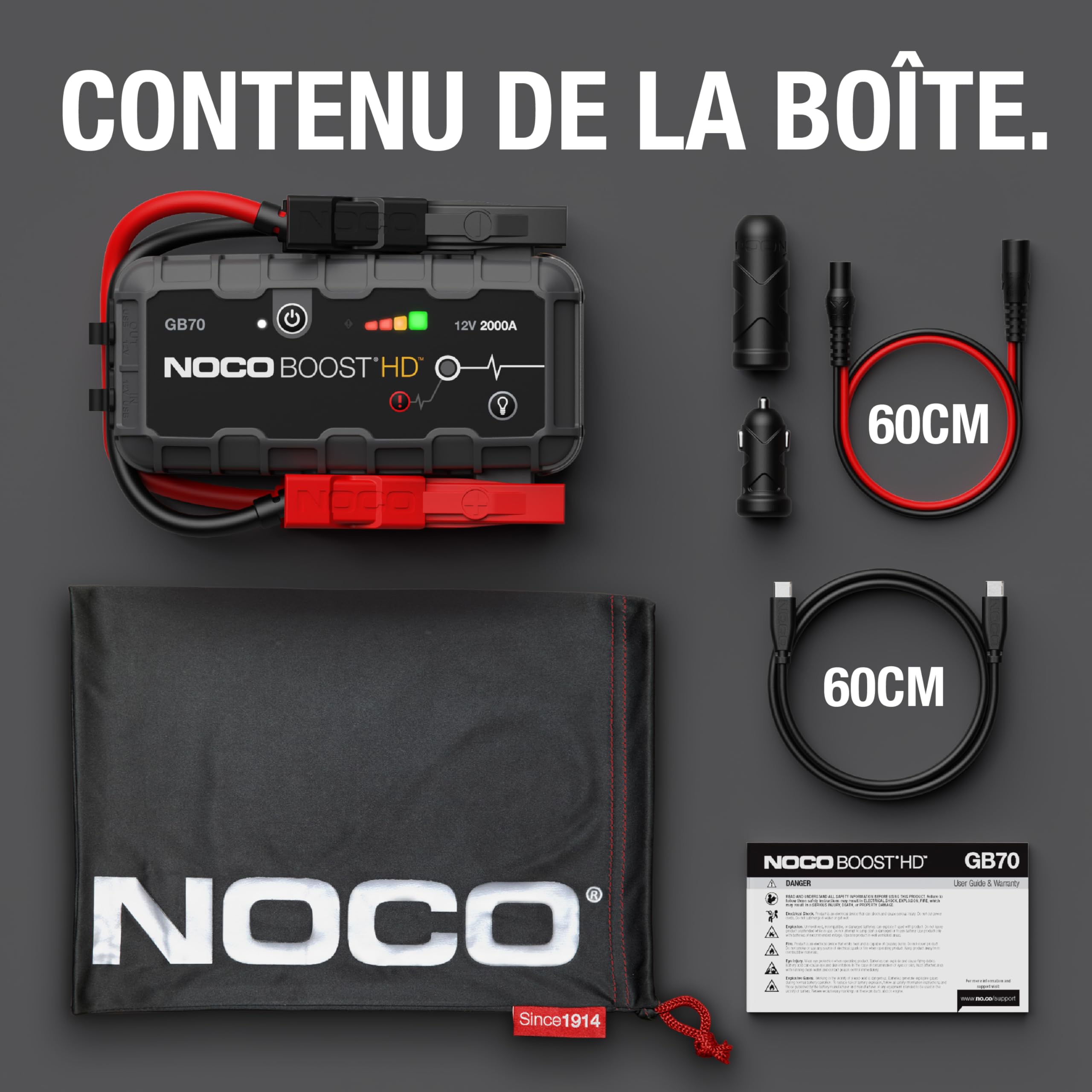NOCO Boost GB70: Booster Batterie UltraSafe 2000A – Démarreur Lithium 12V Portable avec Powerbank et Chargeur USB – pour Moteurs Essence 8,0L et Diesel 6,0L