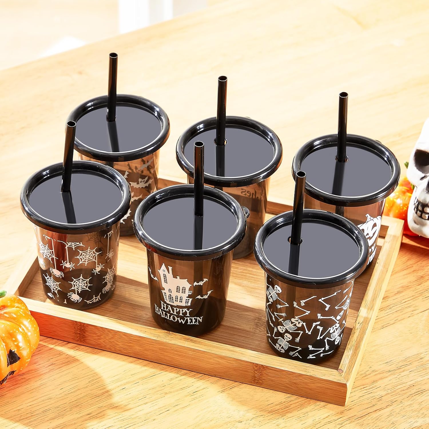 Nuanchu 24 Pcs Halloween Cups for Kids Plastic Tumbler with Lids and Straws 10 Oz Reusable Toddler Cups for Happy Halloween Party Gift Supplies(Dark) - Image 5