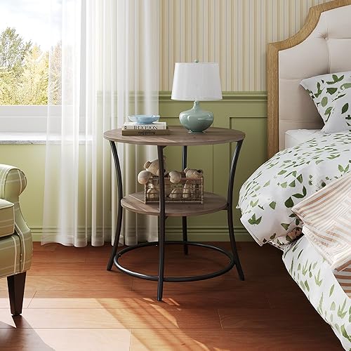 Miniatura 6 de WLIVE Mesa auxiliar, mesa auxiliar redonda con 2 estantes de almacenamiento para sala de estar, dormitorio, mesita de noche con marco de acero para