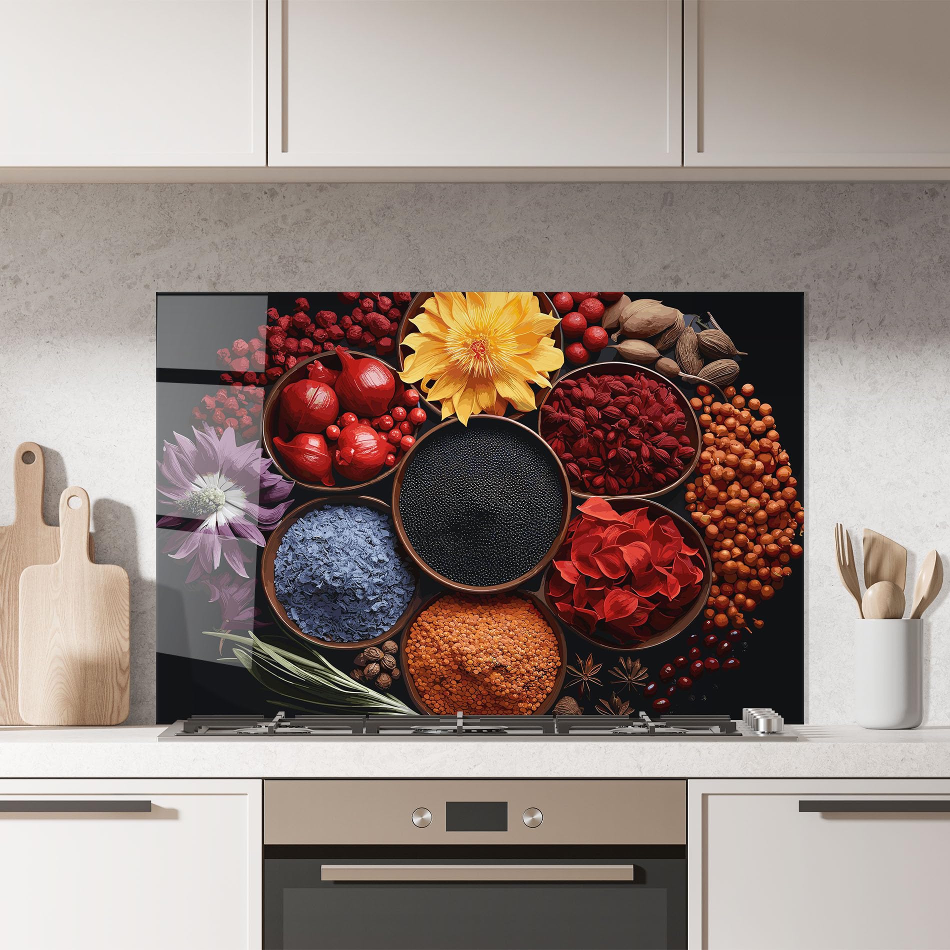 ARTHUB® Szklany panel kuchenny 50x70 cm, Autumn Color Spices | Osłona przed rozpryskami, Lustrzana płytka ścienna, Płyta szklana, Szkło hartowane, Żywność, Przyprawy