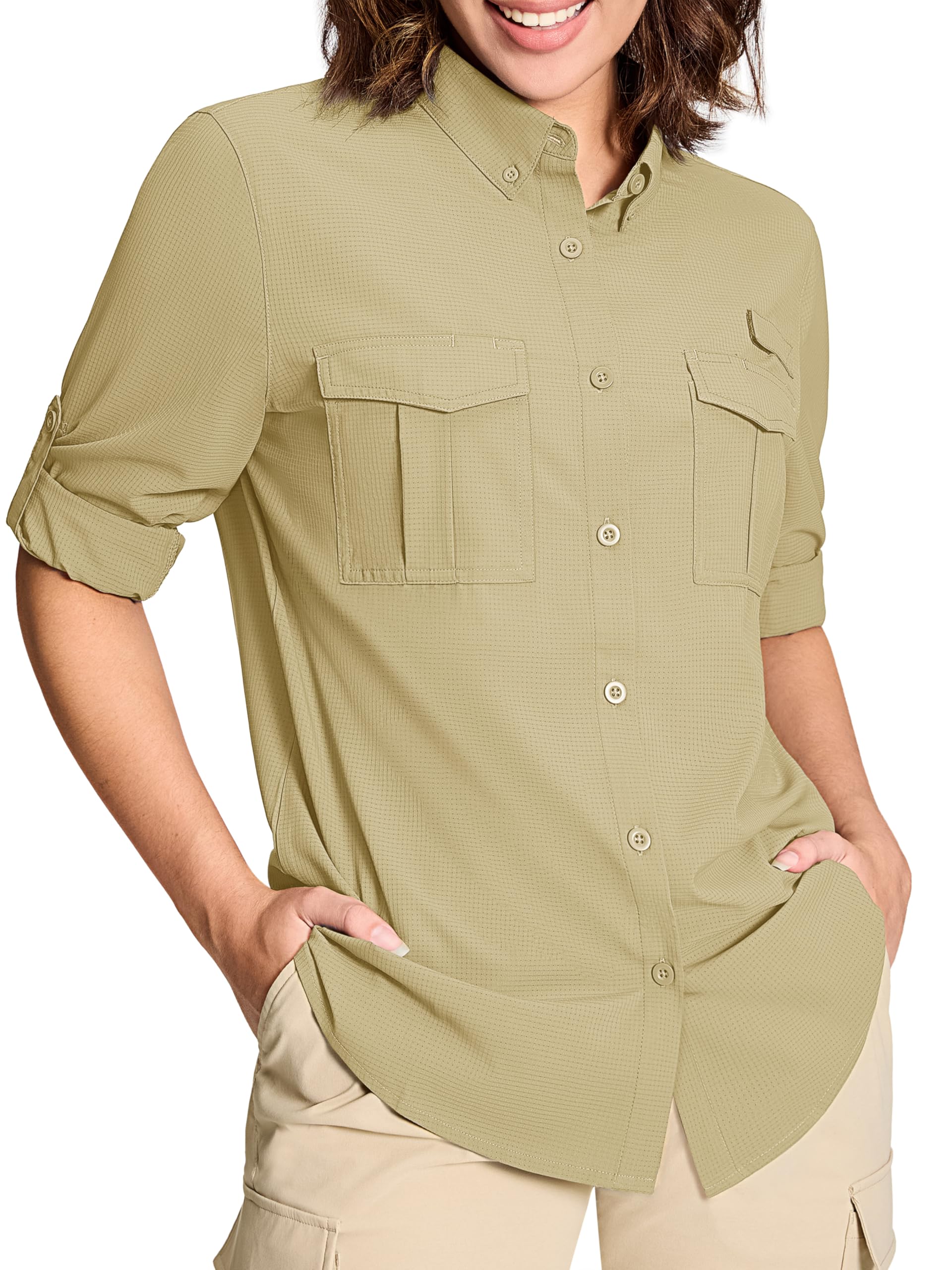 MAGCOMSEN Women's UPF 50+ Long Sleeve Fishing Shirts UV Sun Protection Quick Dry Button Down Safari Hiking Travel Shirts