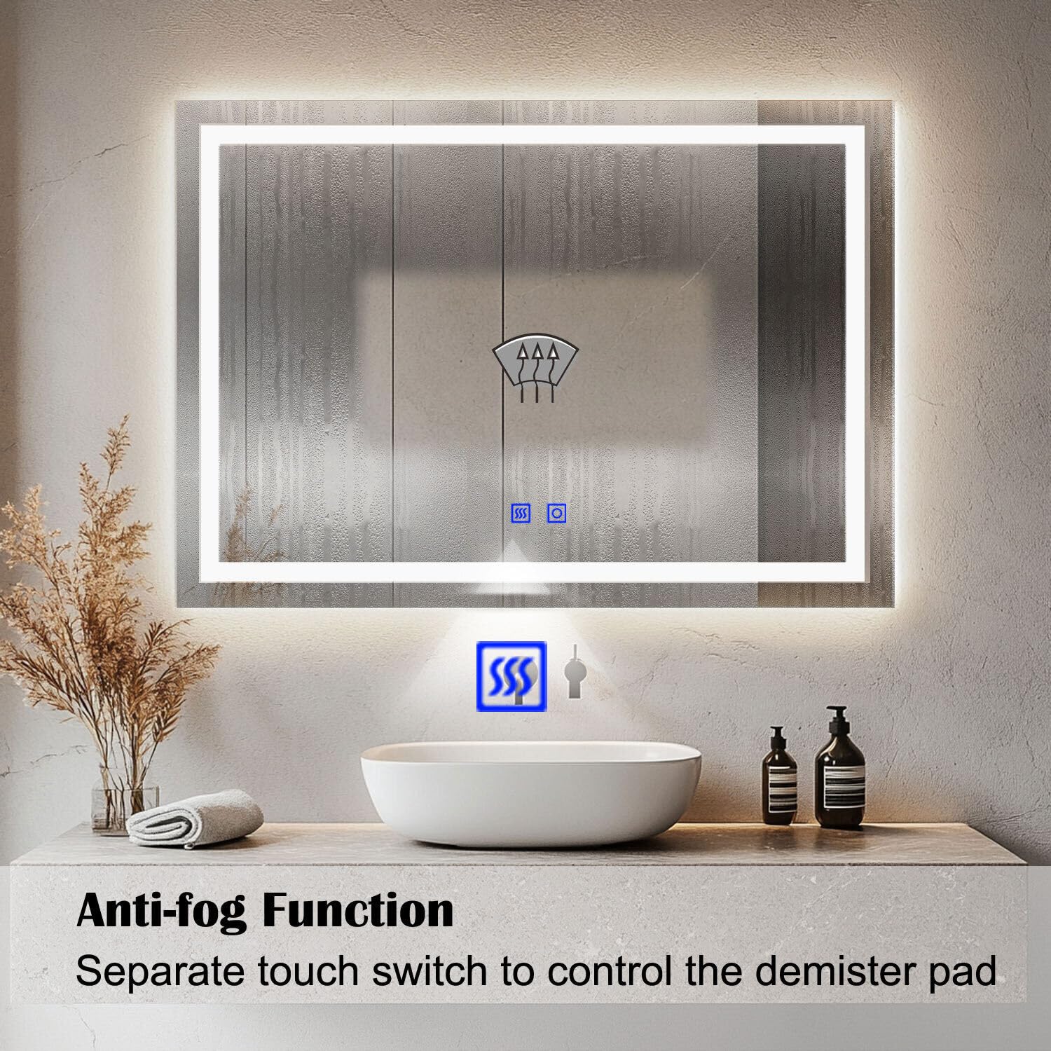 Specchio da bagno con luci a LED, 700 x 500 mm, 3 colori, dimmerabile, illuminato al tatto, da parete (60 x 40 cm)