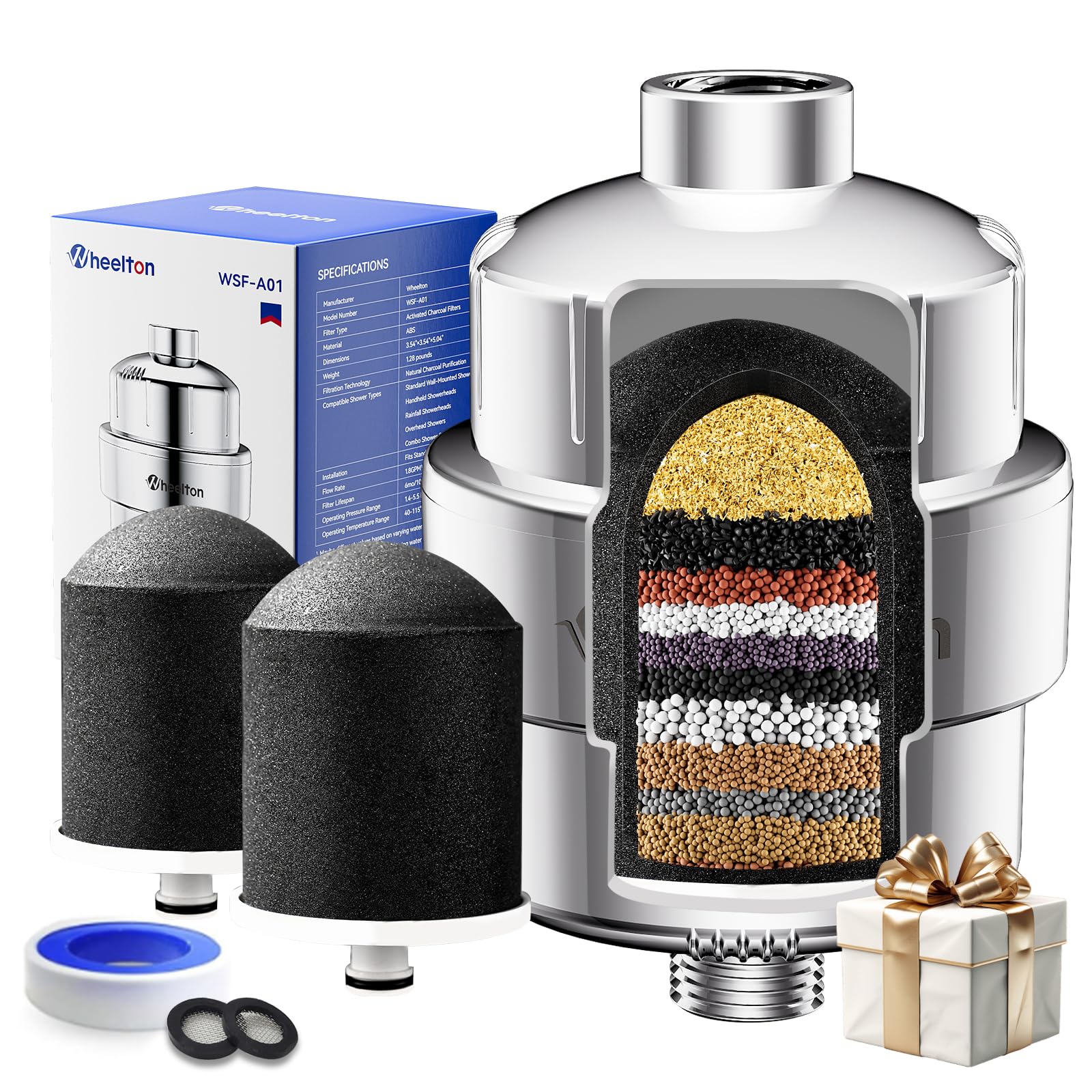 HUGE SALE: Buy 1, Get 1 Free! Wheelton Shower Filter - Upgraded Compressed Carbon Shower Head Filter for Hard Water, Remove Chlorine Fluoride to Revitalize Dry Itchy Skin Vitamin C Shower Water Filter