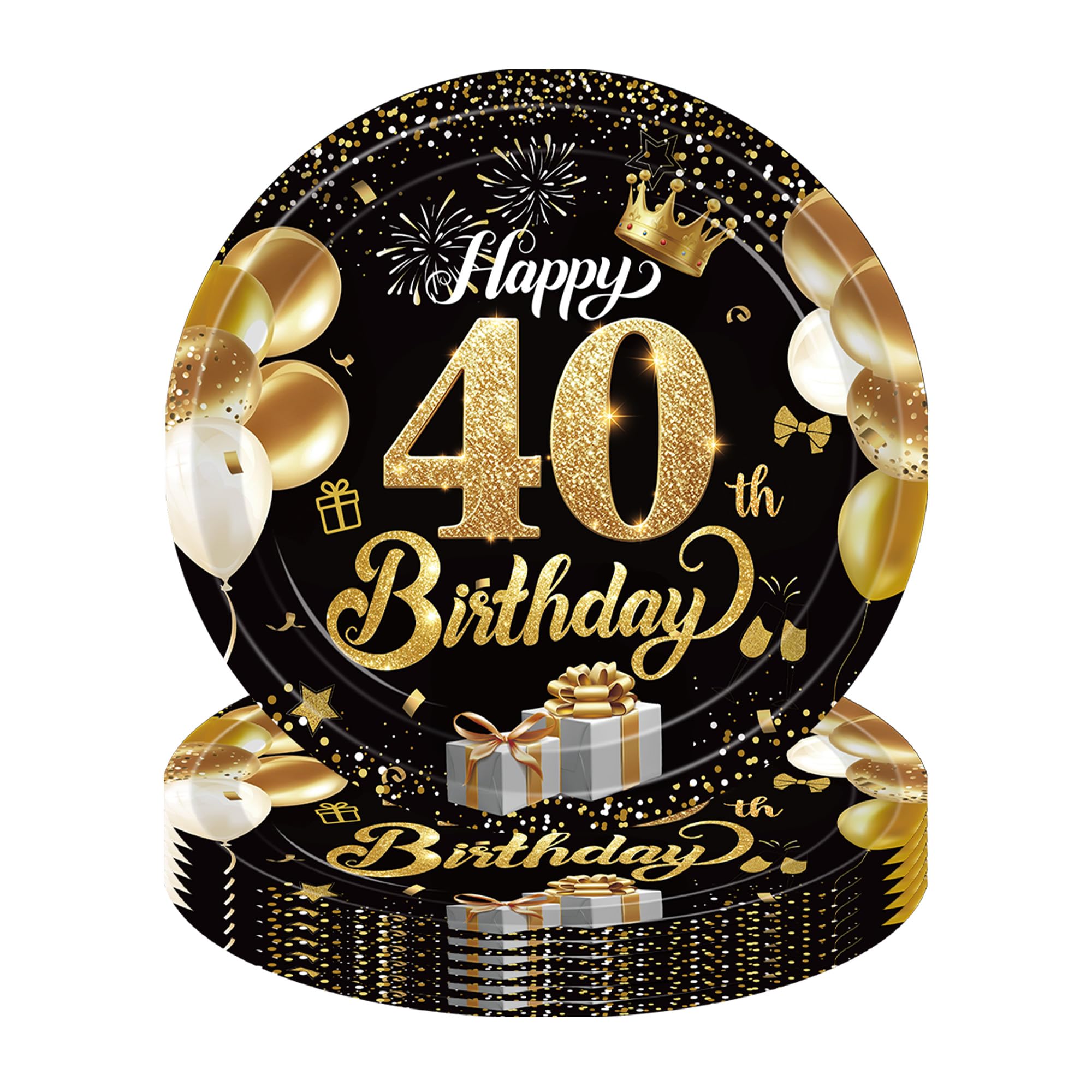 YESAH 40th Black Gold 9 Inch Birthday Paper Plates 16 Pack Party Dinnerware