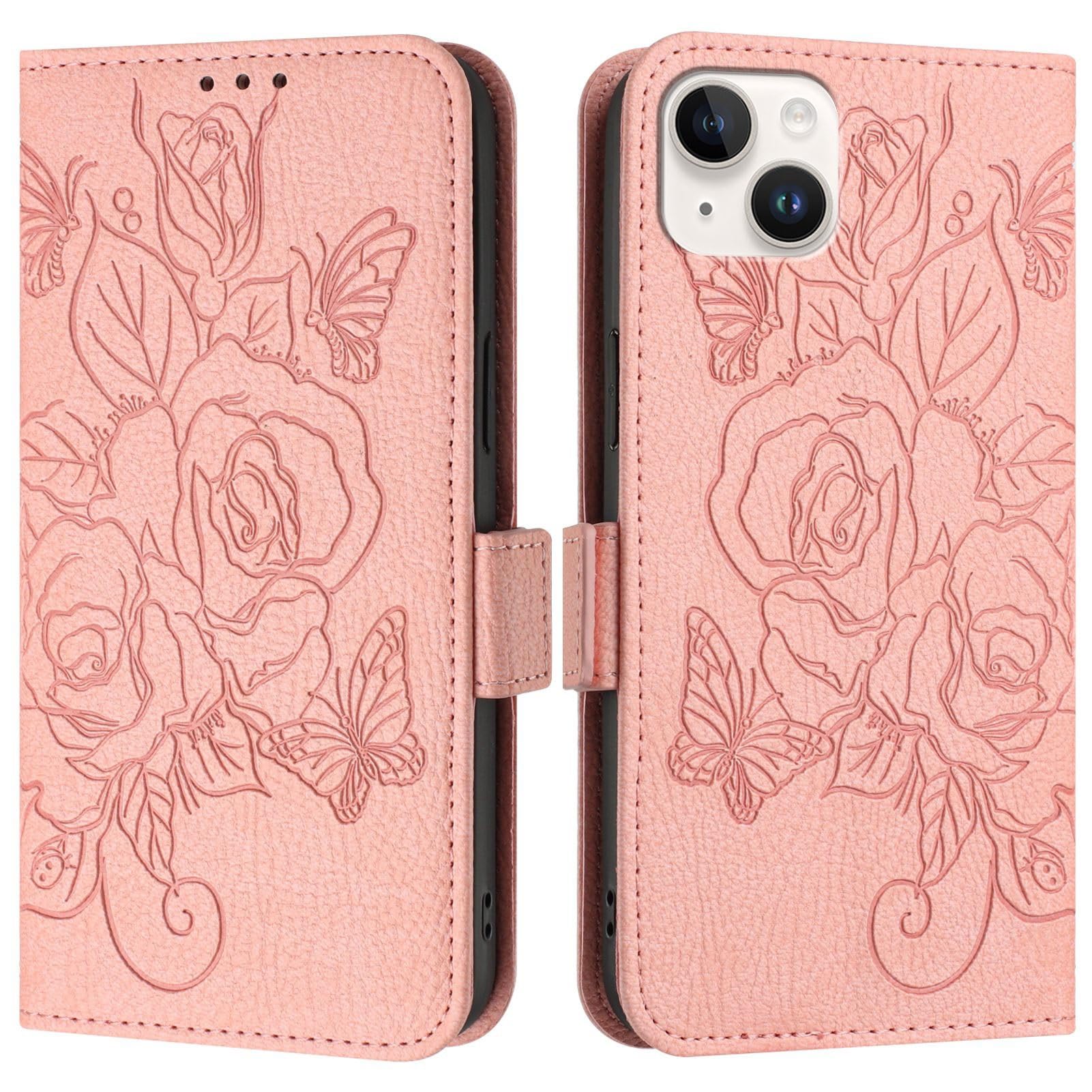 Étui à rabat pour smartphone compatible avec iPhone 15 Plus antichoc rose cuir