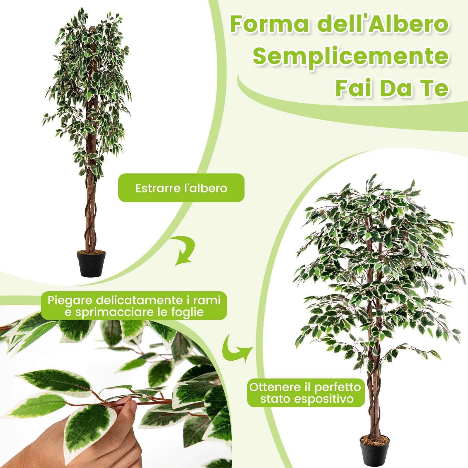 COSTWAY Albero di Fico Artificiale 160 CM, Pianta Finta da Interno con 1008 Foglie, Tronco Naturale in Legno, Vaso Robusto, Muschio Secco, Albero Finto per Casa, Ufficio, Soggiorno, Portico