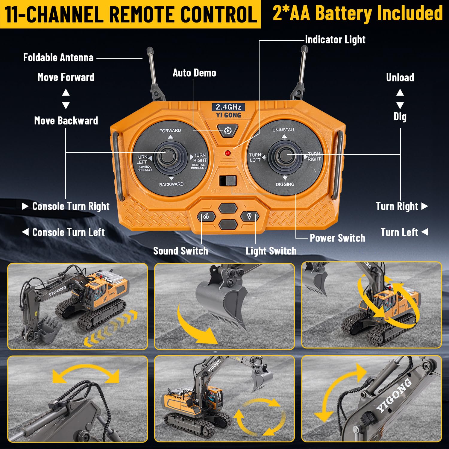 Escavatore Telecomandato per Ragazzi e Ragazze di età Superiore a 5 anni, Macchinine RC da 2.4 GHz con Luce, Suono e Rotazione a 680 °, Regalo Compleanno Giocattolo da Costruzione